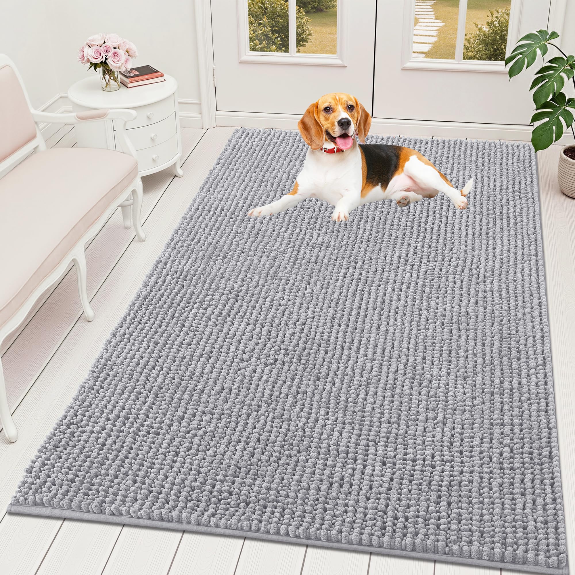 OLANLY Dog Door Mat for Muddy Paws 30x20, Ultra Absorbent Chenille Mud Doormat, Non-Slip Washable and Dirt Trapping Doormat for Indoor Entryway, Quick-Dry Indoor Pet Bed Mats for Dogs, Grey