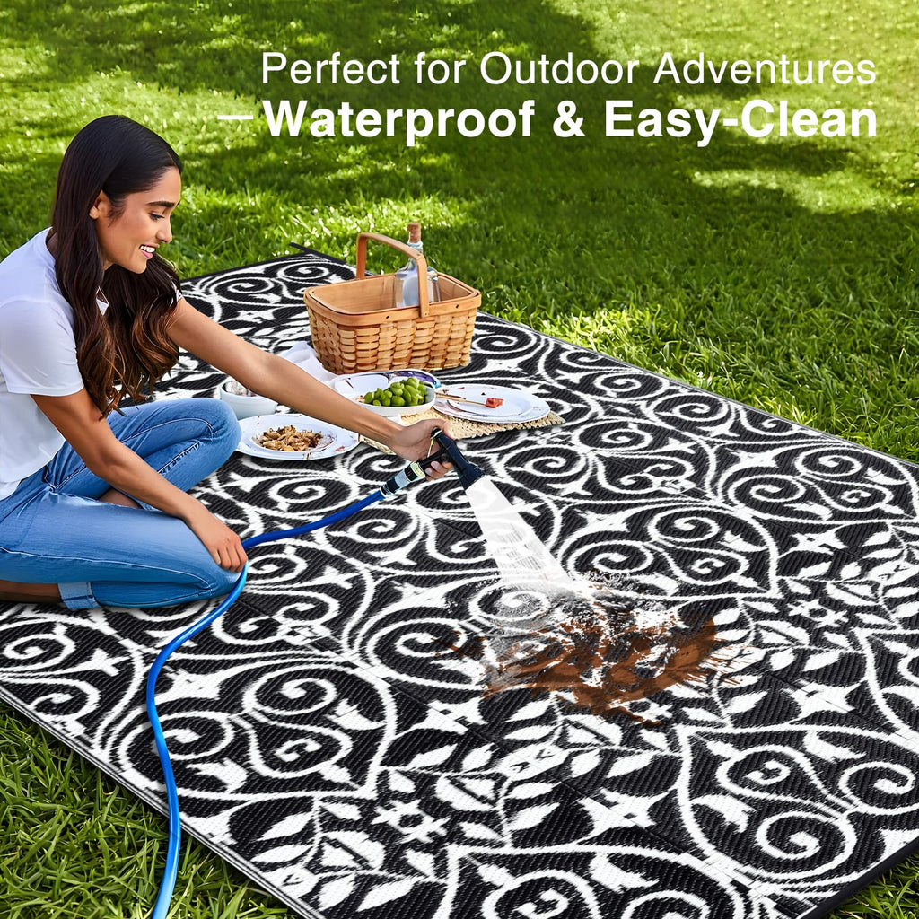 OLANLY Outdoor Rug 5x8 ft Waterproof, Reversible Outdoor Plastic Straw Rug, RV Mat, Indoor Outdoor Carpet Clearance for Patio, Camping, Balcony, Deck, Backyard, Grey & White