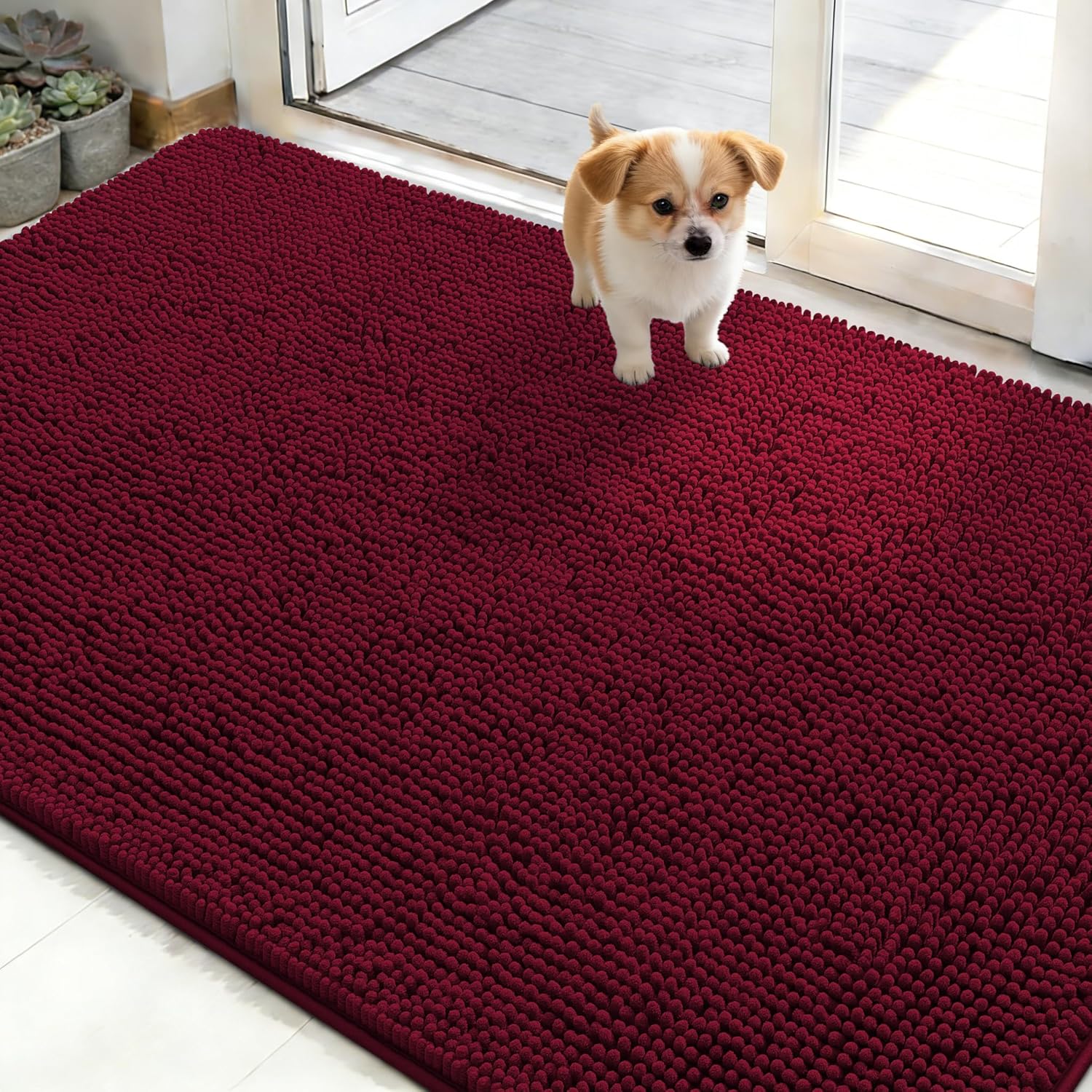 OLANLY Dog Door Mat for Muddy Paws 70x24, Absorbs Moisture and Dirt, Absorbent Non-Slip Washable Doormat, Quick Dry Chenille Mud Mat for Dogs, Entry Indoor Entryway Carpet for Inside Floor, Beige