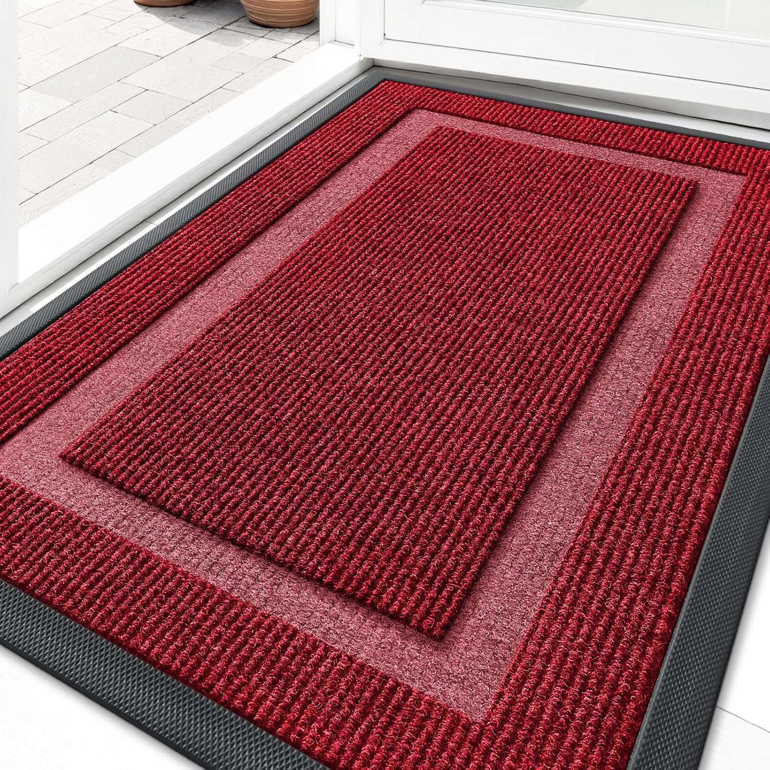 OLANLY Front Door Mat Indoor Outdoor Entrance, Waterproof All-Season, All-Weather Doormat, Sturdy Natural Rubber, Fade Resistant, Low Profile, Easy Clean Patio Porch Entryway Mat, 29.5x17, Beige
