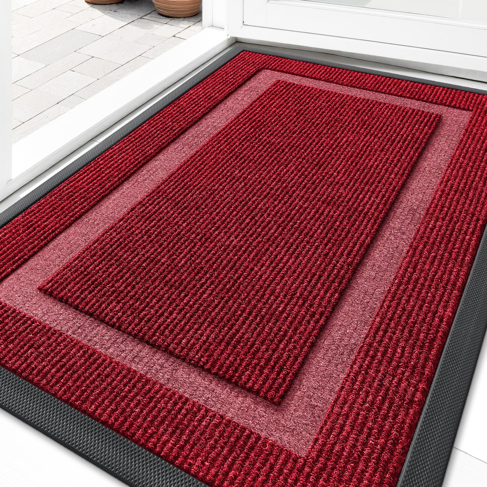 OLANLY Front Door Mat Indoor Outdoor Entrance, Waterproof All-Season, All-Weather Doormat, Sturdy Natural Rubber, Fade Resistant, Low Profile, Easy Clean Patio Porch Entryway Mat, 29.5x17, Black