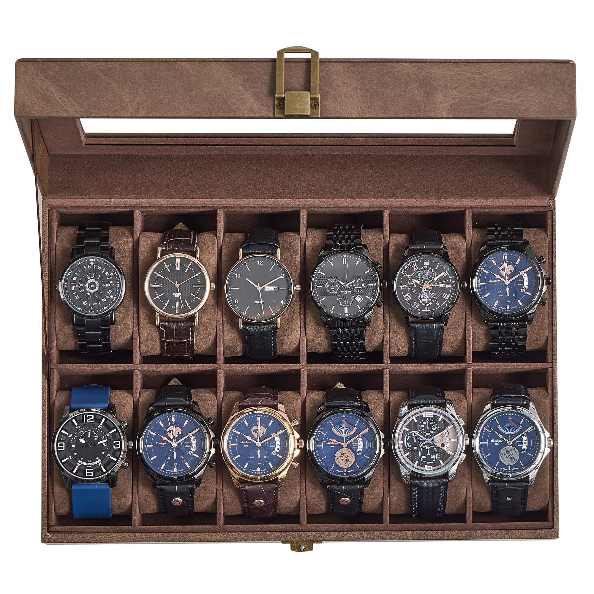SONGMICS Watch Box, 12-Slot Watch Case Organizer with Large Glass Lid, Removable Pillows, Gift for Loved Ones, Black Synthetic Leather, Gray Lining UJWB12BK