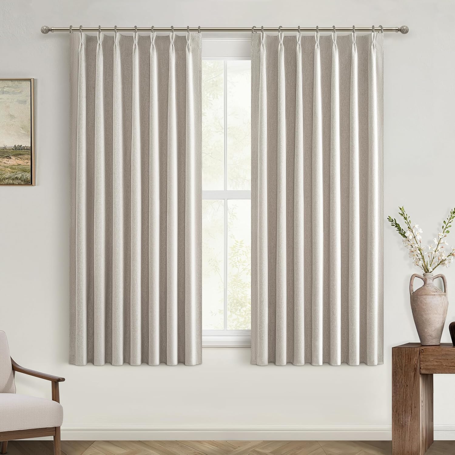 Natural Linen Pinch Pleated Blackout Curtains & Drapes 96 Inch Long Bedroom/Livingroom Farmhouse Curtains 2 Panel Sets, Neutral Track Room Darkening Thermal Insulated 8ft Back Tab Window Curtain