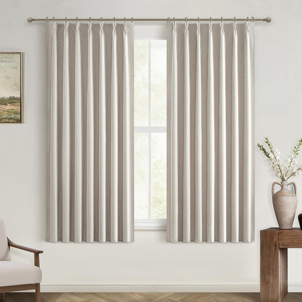 Natural Linen Pinch Pleated Blackout Curtains & Drapes 96 Inch Long Bedroom/Livingroom Farmhouse Curtains 2 Panel Sets, Neutral Track Room Darkening Thermal Insulated 8ft Back Tab Window Curtain