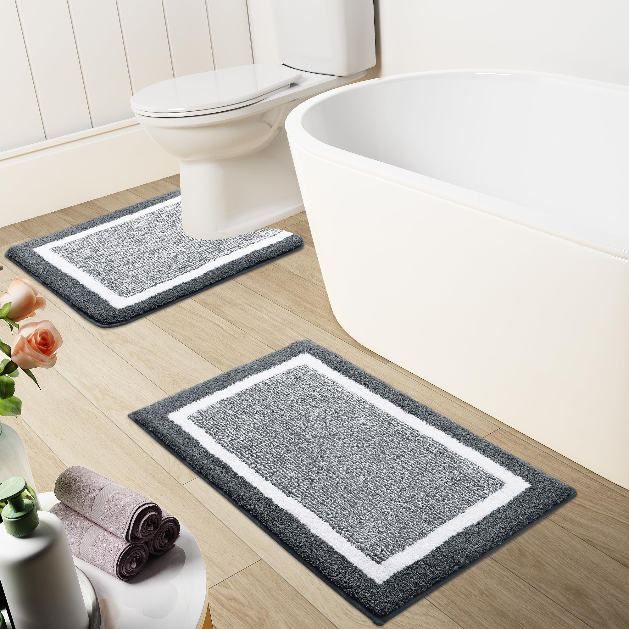 OLANLY Bathroom Rugs Sets 3 Piece, Soft Absorbent Microfiber Bath Mats and U-Shaped Contour Toilet Rug, Home Decor Accessories, Non-Slip, Bath Mat Set for Bathroom (30"x20"+24"x16"+24"x20", Grey)
