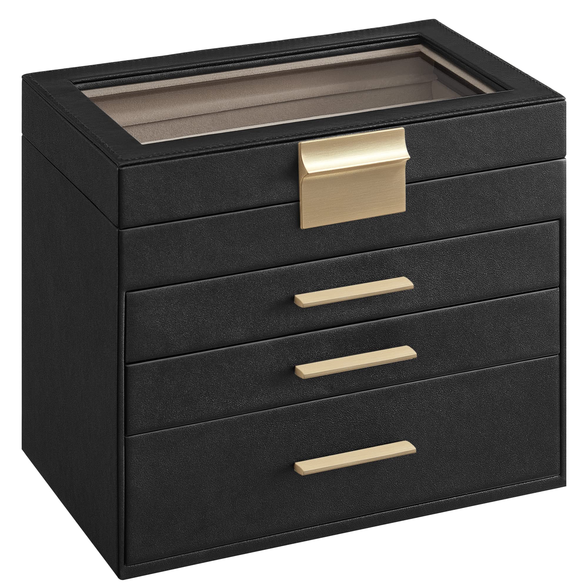 SONGMICS GISELLA Collection - Jewelry Box Organizer, 3-Layer Jewelry Storage with 2 Drawers, Shiny Metal Hardware, Glass Lid, Modern, 8 x 9.1 x 5.3 Inches, Cloud White and Gold Color UJBC239WT