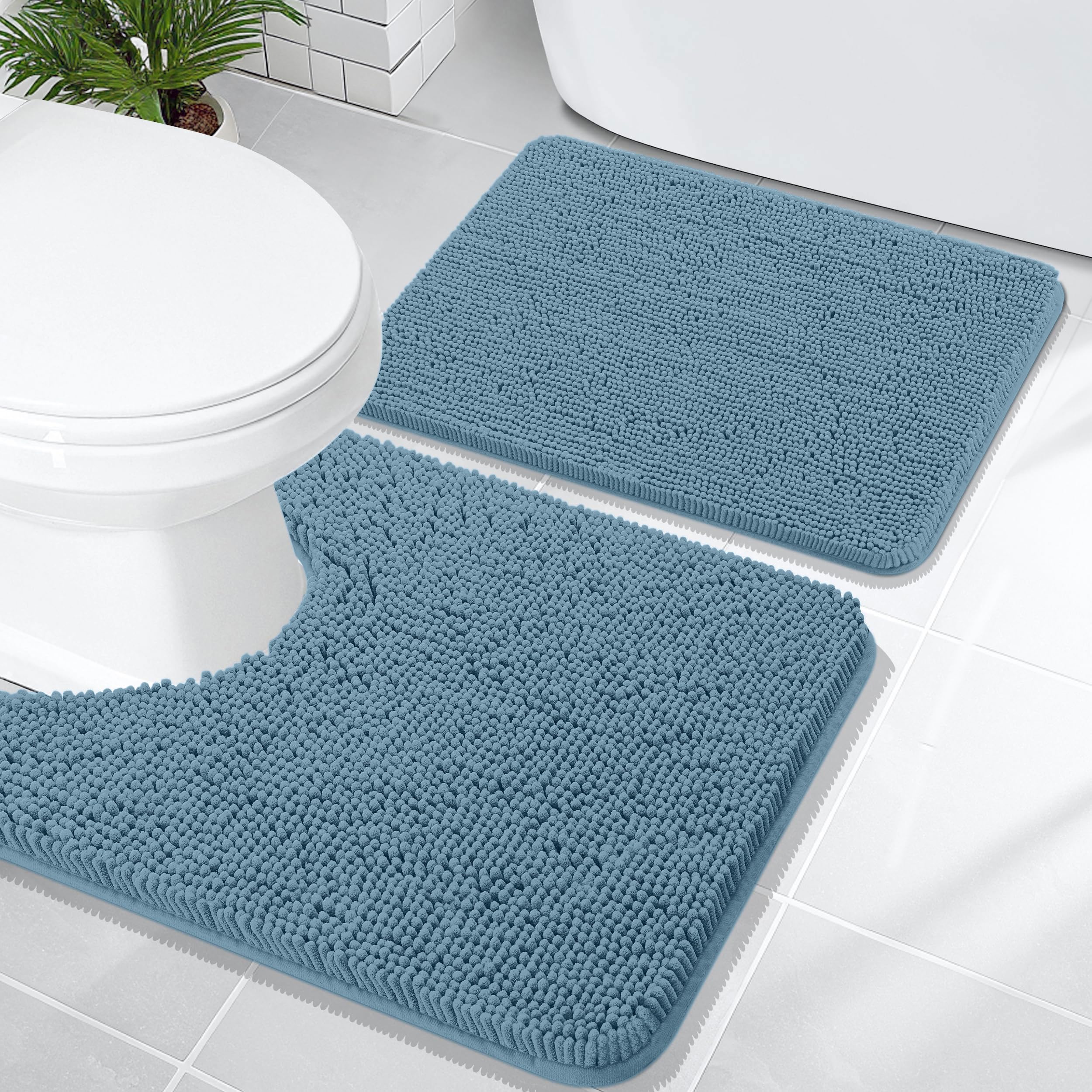OLANLY Bathroom Rugs Sets 2 Piece, Soft Absorbent Chenille Bath Mats and U-Shaped Contour Toilet Mat Area Rug Set, Machine Washable Bath Carpet, Home Decor Accessories(30"x20"+24"x20", Grey)