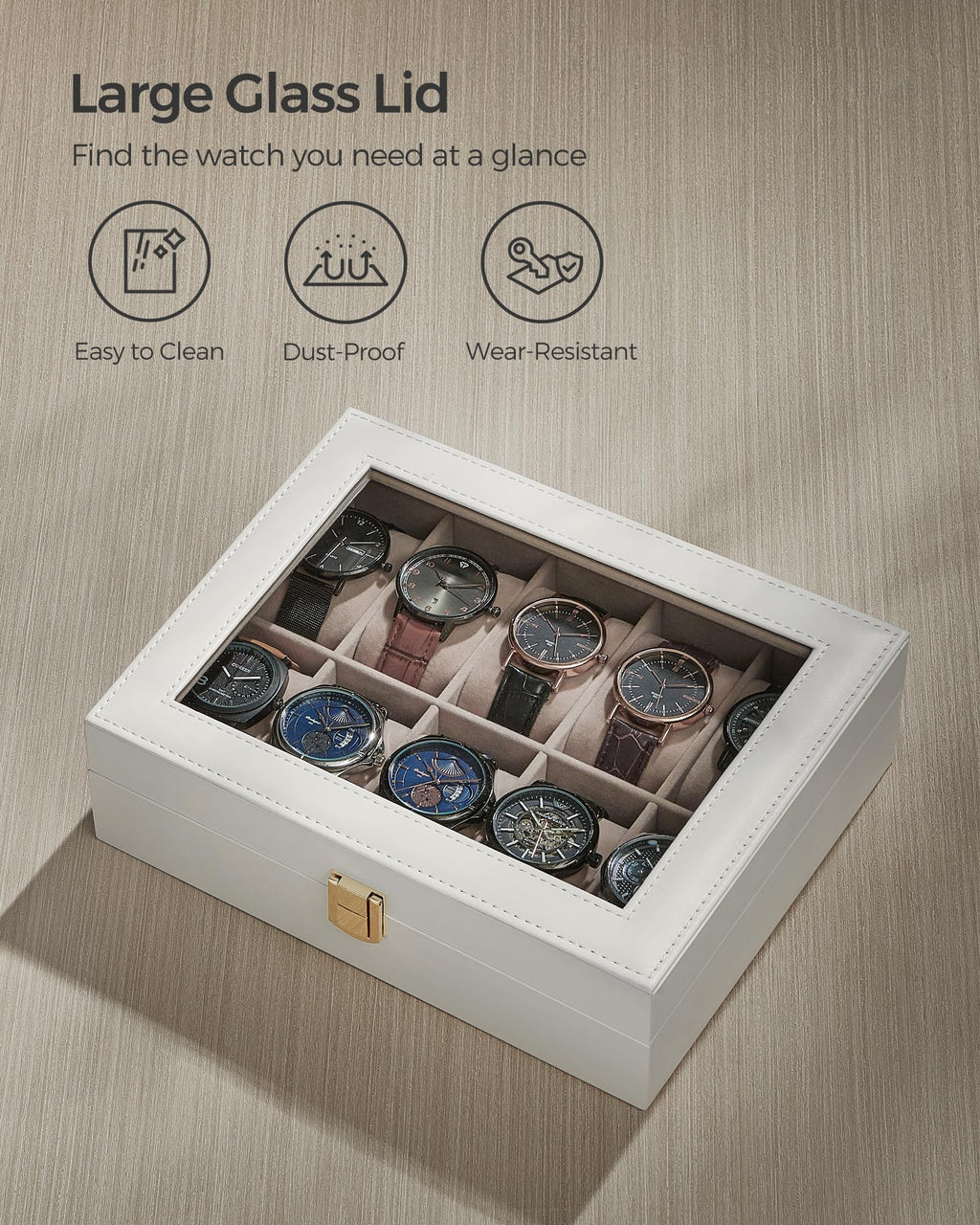 SONGMICS Watch Box, 12-Slot Watch Case Organizer with Large Glass Lid, Removable Pillows, Gift for Loved Ones, Black Synthetic Leather, Gray Lining UJWB12BK