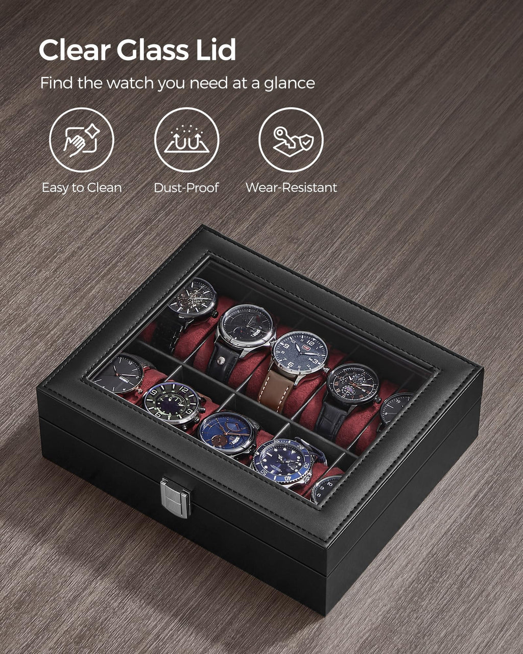 SONGMICS Watch Box, 12-Slot Watch Case Organizer with Large Glass Lid, Removable Pillows, Gift for Loved Ones, Black Synthetic Leather, Gray Lining UJWB12BK