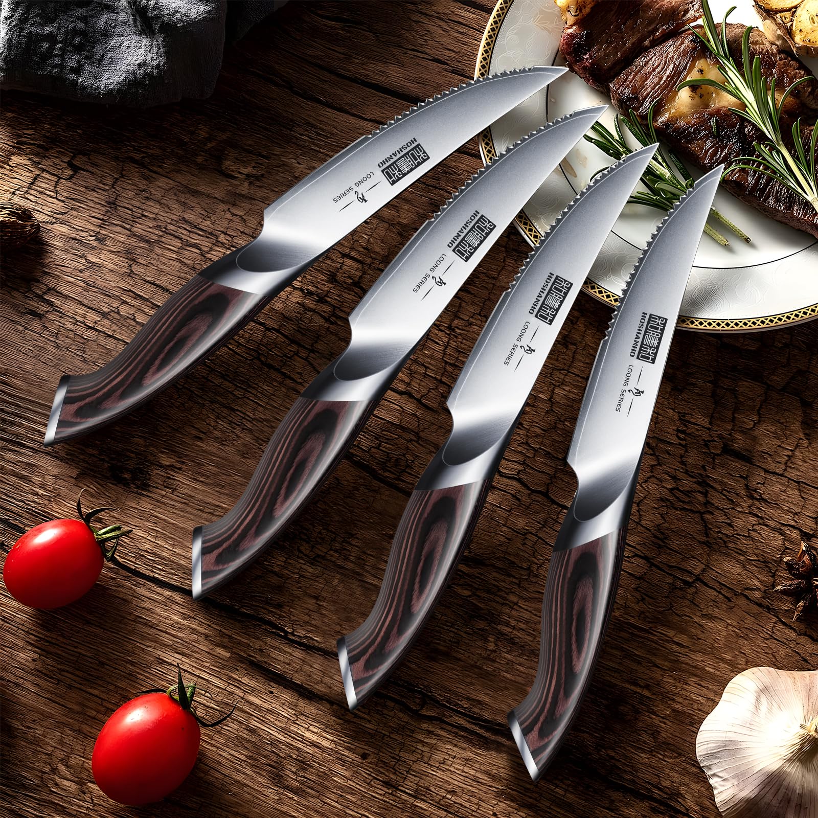 HOSHANHO Steak Knives Set of 6, Ultra Sharp 4.5 Inch Serrated Steak Knife Set, Japanese High Carbon Steel Kitchen Steak Knives with Ergonomic Handle