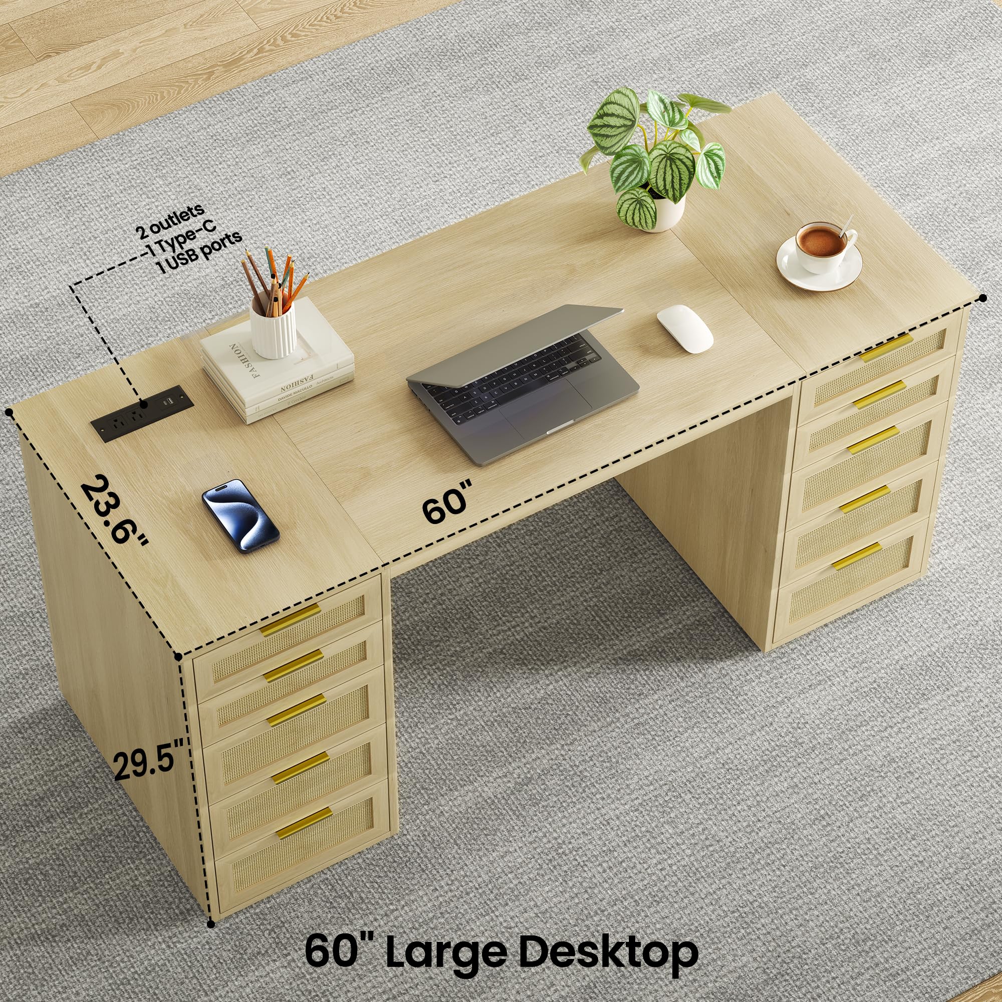 WOPITUES 60" Boho Home Office Desk with 10 Wooden Drawers, Rattan Computer Writing Desk with Power Outlets, Large Executive Desk with Storage Cabinet for Work Study Writing Craft, Black & Brown