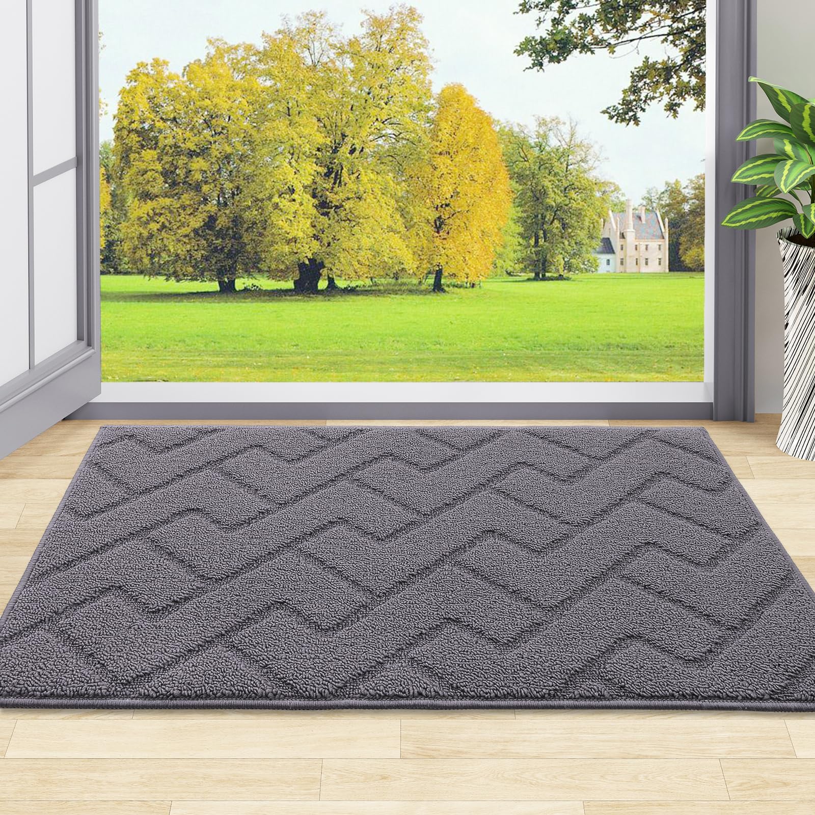 OLANLY Indoor Door Mat, 32x20, Dirt Resistant and Absorbent, Sturdy Non-Slip Rubber Backing, Easy to Clean, Washable Low-Profile Doormat for Entryway, Grey