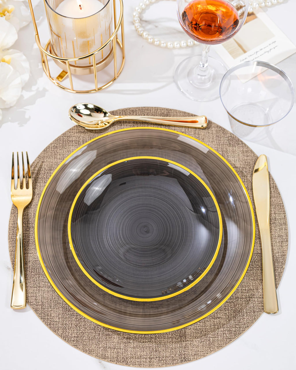 Morejoy 60Pcs Brown Plastic Plates,Brown Disposable Plates With Gold Rim, Gold Party Dinnerware Set Include 30 Dessert plates,30 Dinner plates for Party & Wedding