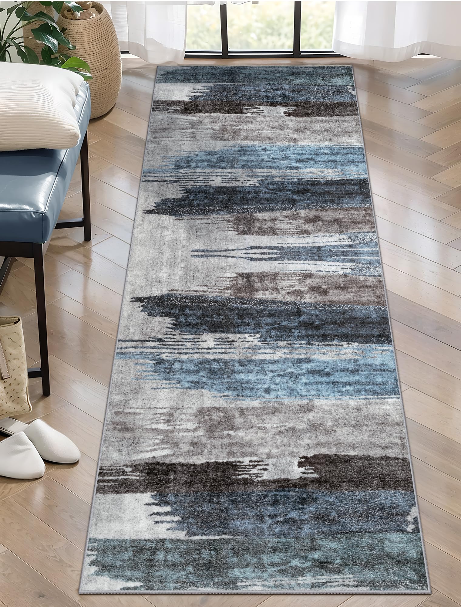 Ciicool Modern Abstract Area Rug 2x3 Washable Small Entryway Rug, Non-Slip Low Pile Throw Rug, Foldable Kitchen Bathroom Rugs, Blue Grey Floor Carpet for Entrance Living Room Bedroom Indoor Doormat