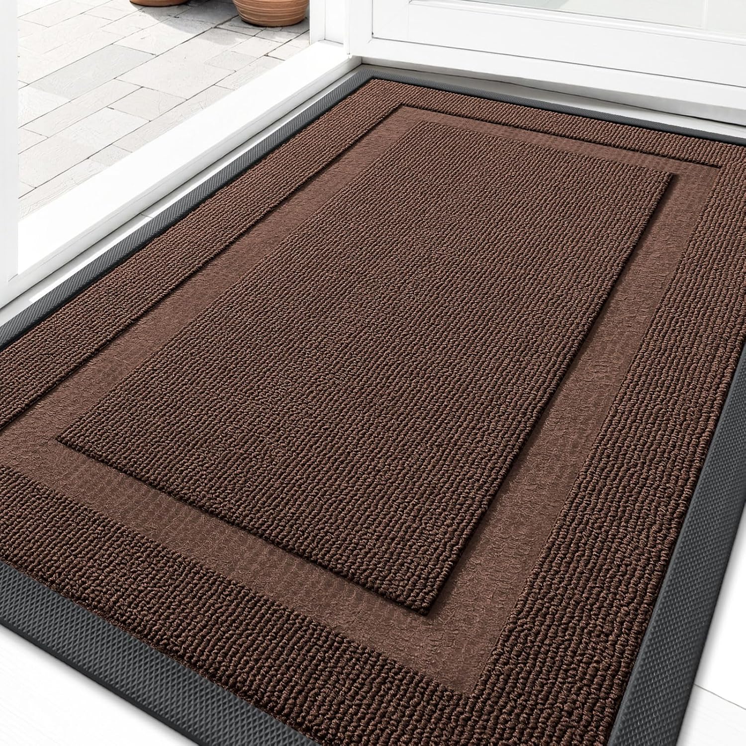 OLANLY Front Door Mat Indoor Outdoor Entrance, Waterproof All-Season, All-Weather Doormat, Sturdy Natural Rubber, Fade Resistant, Low Profile, Easy Clean Patio Porch Entryway Mat, 29.5x17, Beige