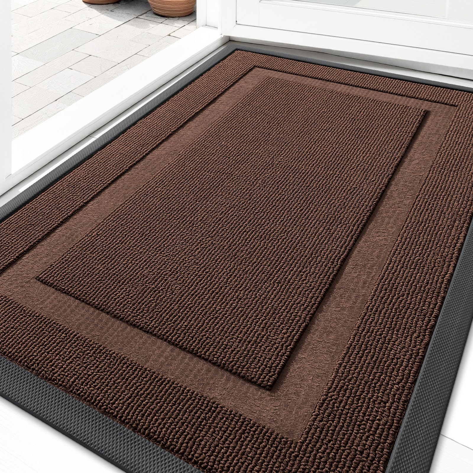 OLANLY Front Door Mat Indoor Outdoor Entrance, Waterproof All-Season, All-Weather Doormat, Sturdy Natural Rubber, Fade Resistant, Low Profile, Easy Clean Patio Porch Entryway Mat, 29.5x17, Black