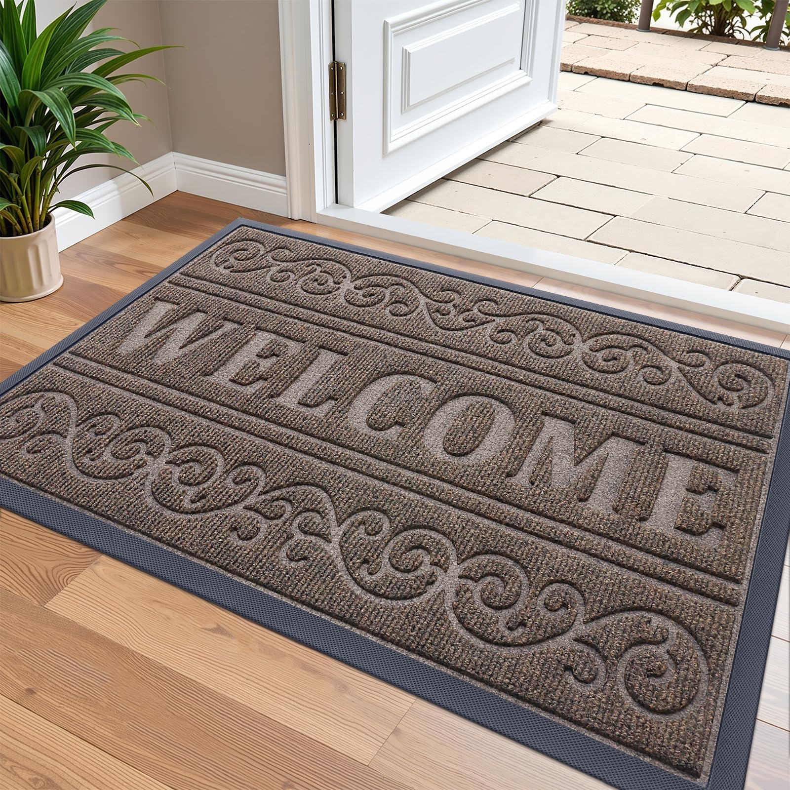 OLANLY Front Door Mat Outside Entrance 29.5x17, Absorbent, Heavy Duty Sturdy Natural Rubber Doormat Indoor Outdoor, Stain and Fade Resistant, Non-Slip Backing Low Profile Floor Mat for Entryway, Grey