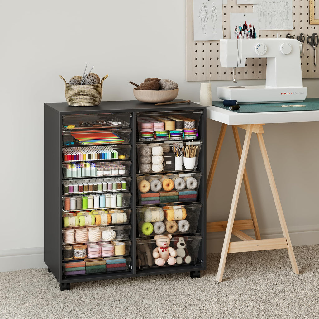 WOPITUES Storage Drawer Cart, Mobile Storage Cabinet, Makeup Storage with 10 Large Clear Drawers, Utility Wooden Rolling Cart on Wheels, for Cosmetic, Art Craft, Office Supplies, Toy, White