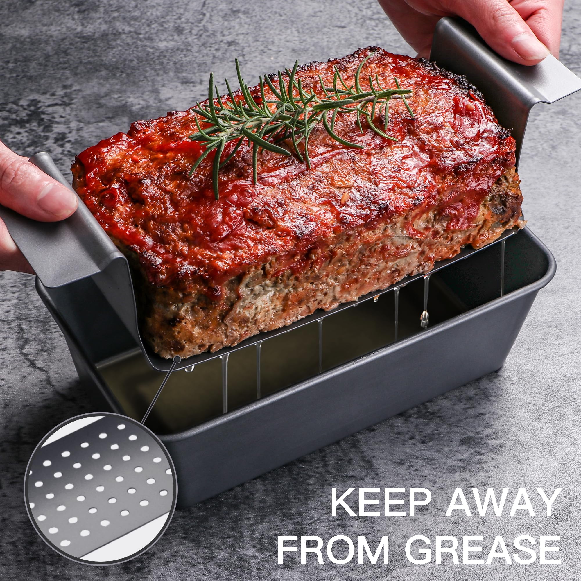 HONGBAKE Meatloaf Pan with Drain Tray, 9 x 5 Inches Loaf Pans with Insert, Nonstick Meat Loaf for Baking, Reduce the Fat and Kick Up the Flavor, Grey