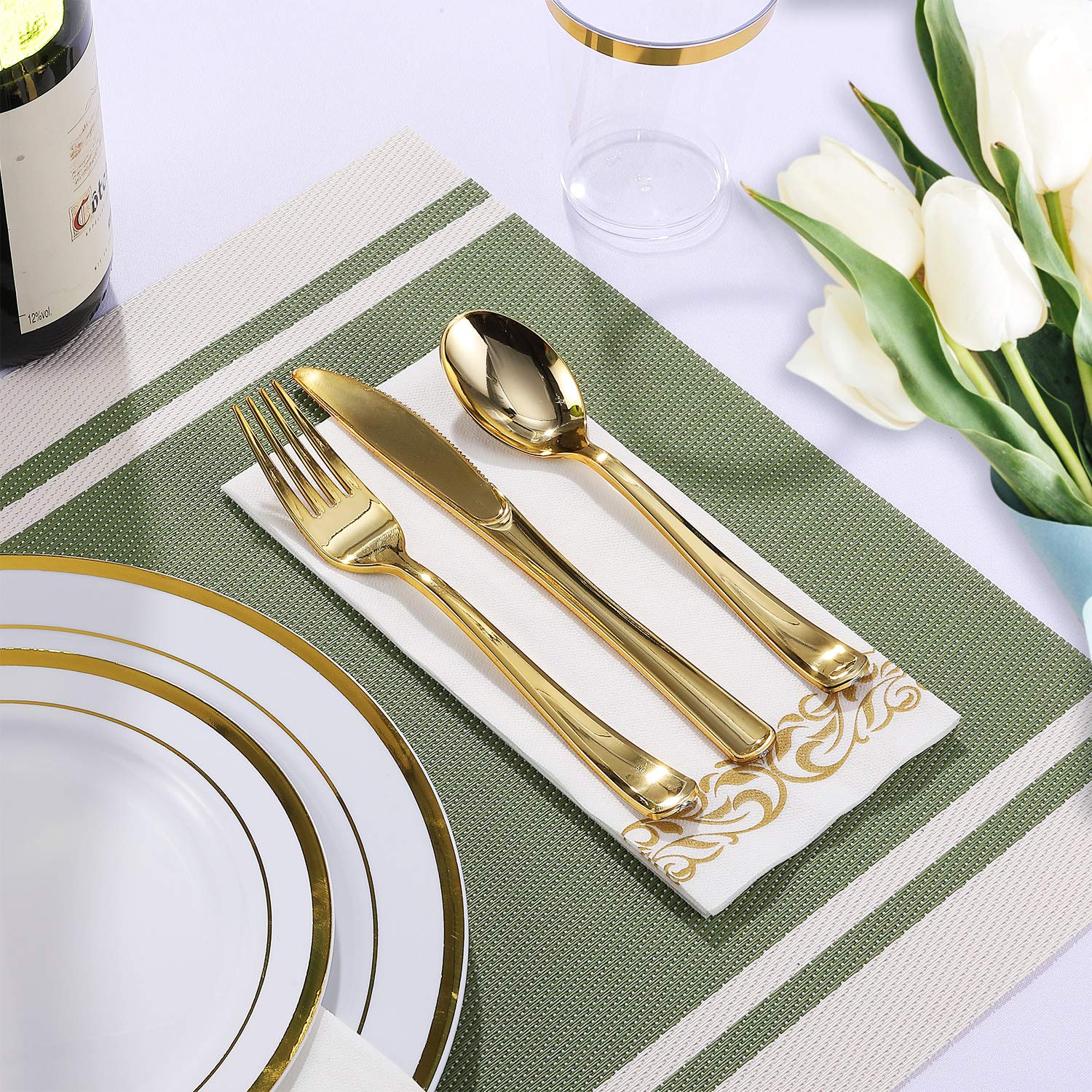 FOCUSLINE 350 Ct Disposable Dinnerware Set for 50 Guests -Heavy Duty Plastic Plates with Gold Rim, Includes 50 Dinner & Salad Plates, Cups, Napkins, Cutlery Set