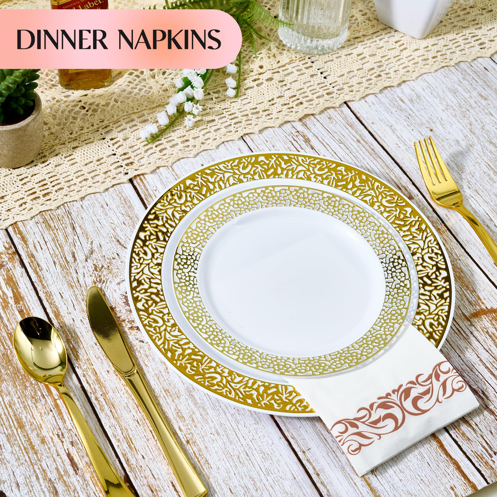 Vplus 200 Pack Paper Napkins Guest Towels Disposable Premium Quality 3-ply Dinner Napkins Disposable Soft, Absorbent, Perfect for Kitchen, Wedding, Parties, Dinners or Events (Gold)