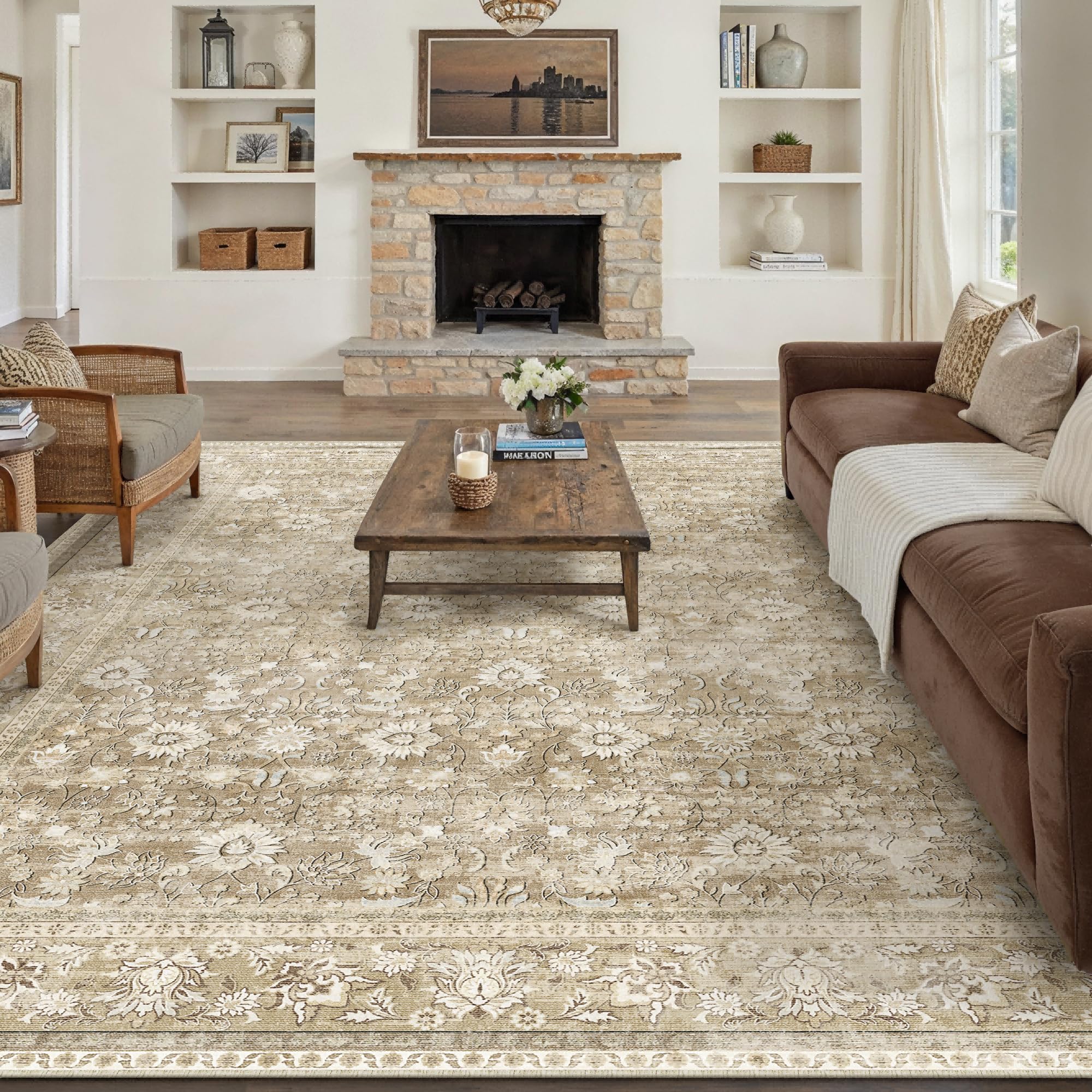 HUGEAR 5x7 Machine Washable Rugs Brown Hallway Area Rug Indoor Accent Rug Floral Low Pile Carpet Soft Throw Aesthetic Rug Bedroom Living Room Office Dining Room Kitchen Laundry Room Non Slip