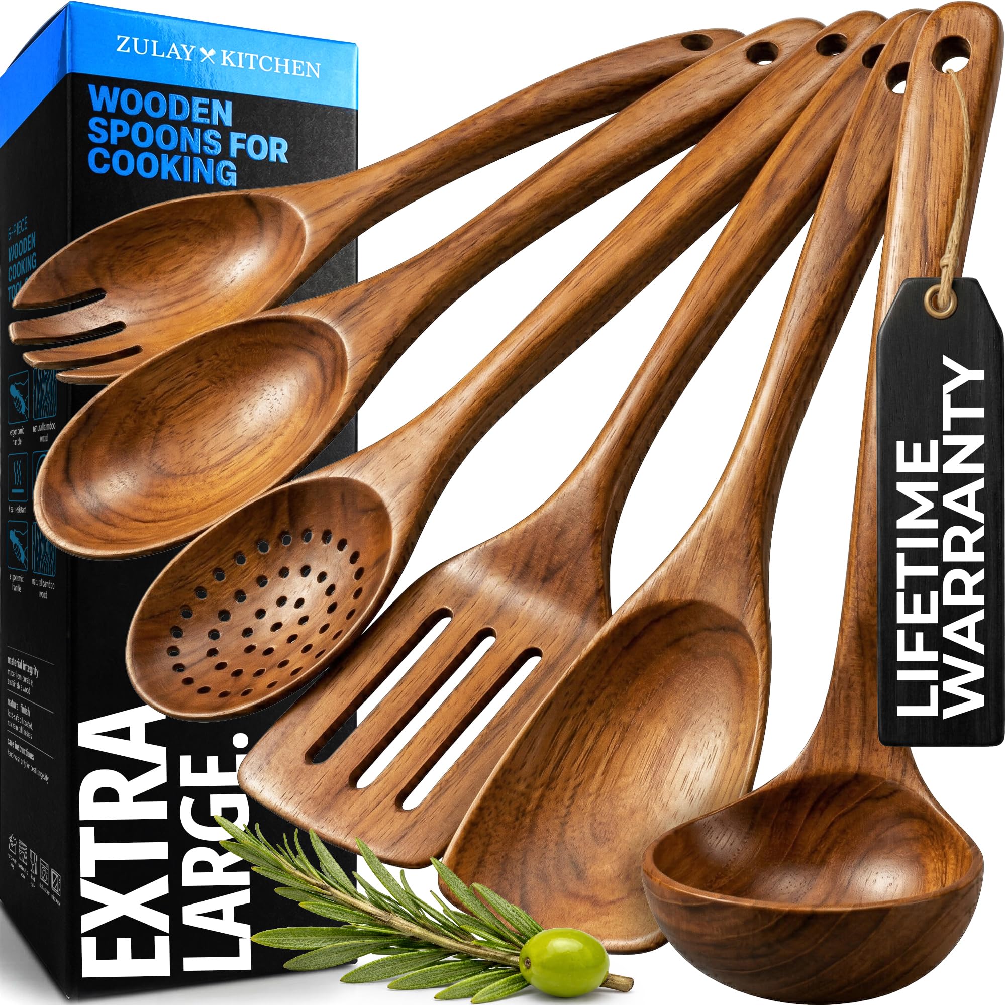 Zulay Kitchen 6 Piece Wooden Spoons for Cooking – Natural Teak Wooden Utensil Set, Easy to Clean, Durable, Smooth with Comfort Grip - Non Toxic Wooden Cooking Utensil Sets