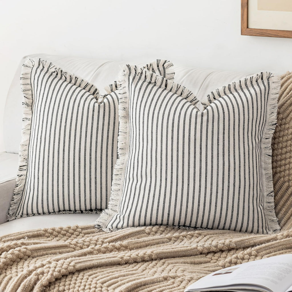 YEENAASY Throw Pillow Covers 20x20 Set of 2 Striped Fringe Pillow Cover Farmhouse Cushion Covers with Tassel Neutral Boho Pillows Decorative Square Pillowcase for Couch Sofa Bed, Black