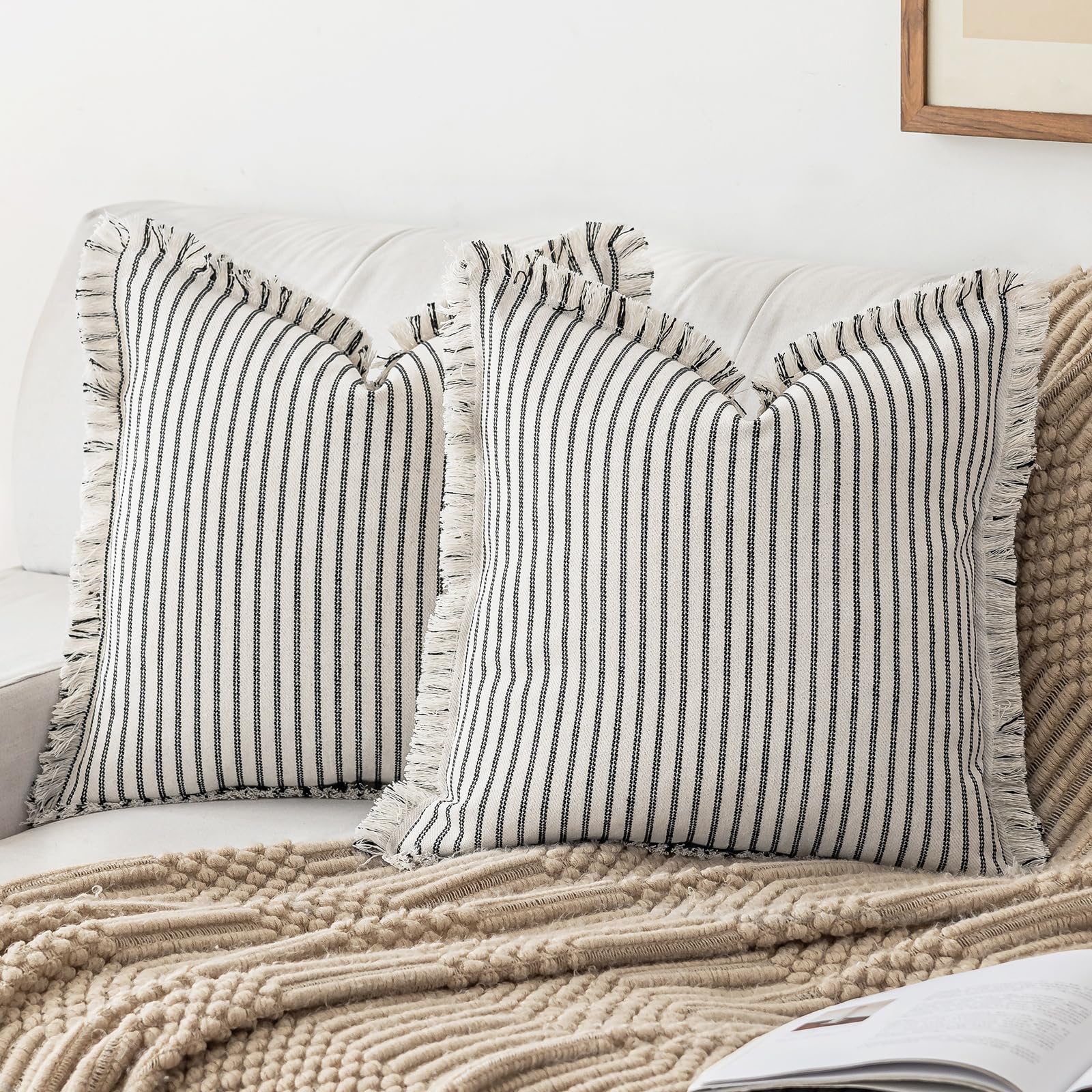 YEENAASY Throw Pillow Covers 20x20 Set of 2 Striped Fringe Pillow Cover Farmhouse Cushion Covers with Tassel Neutral Boho Pillows Decorative Square Pillowcase for Couch Sofa Bed, Black