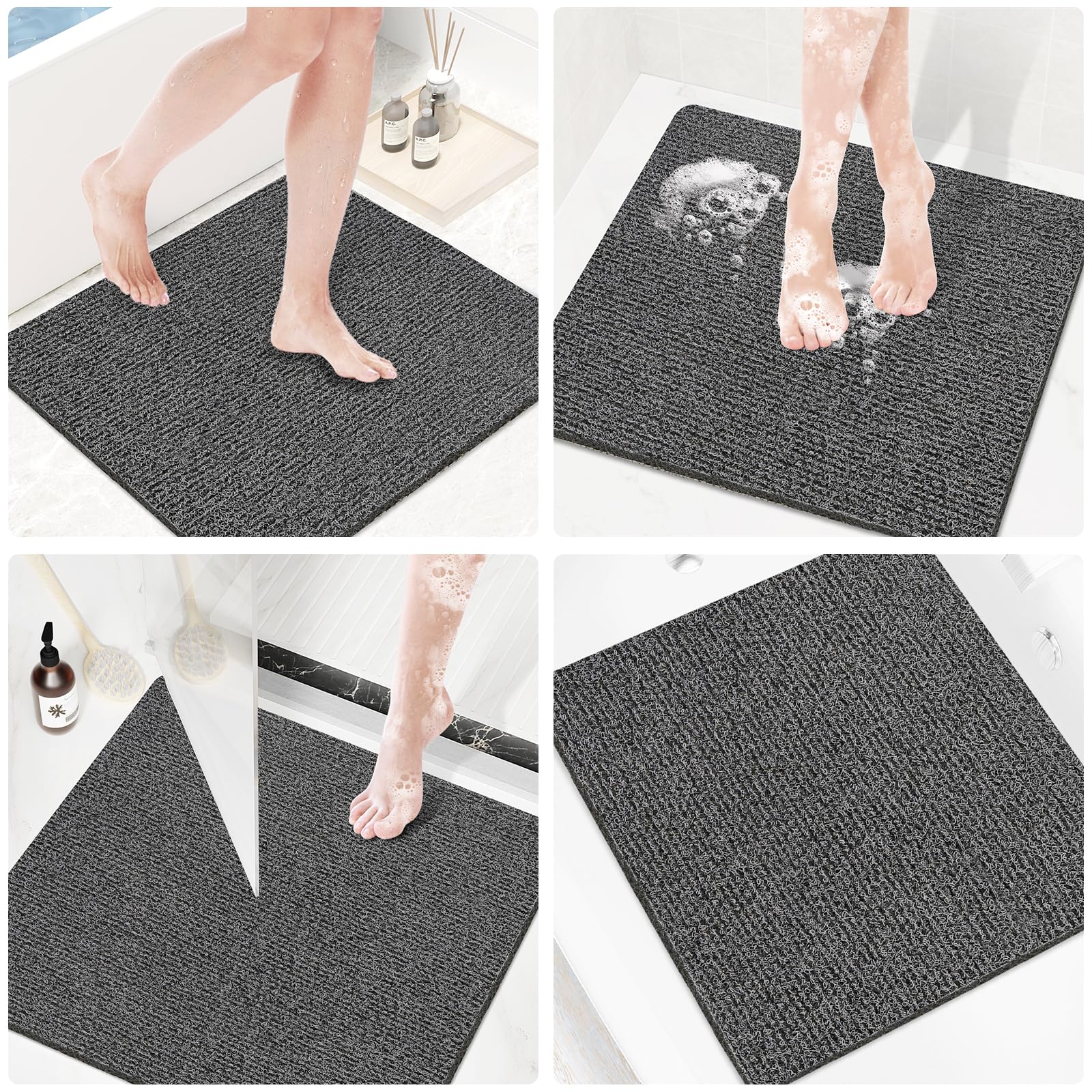 PVC Loofah Shower/Bathtub Mat Non-Slip, 24x16 inch, Soft Tub Mat with Drain, for Tub and Bathroom,Quick Drying,Grey