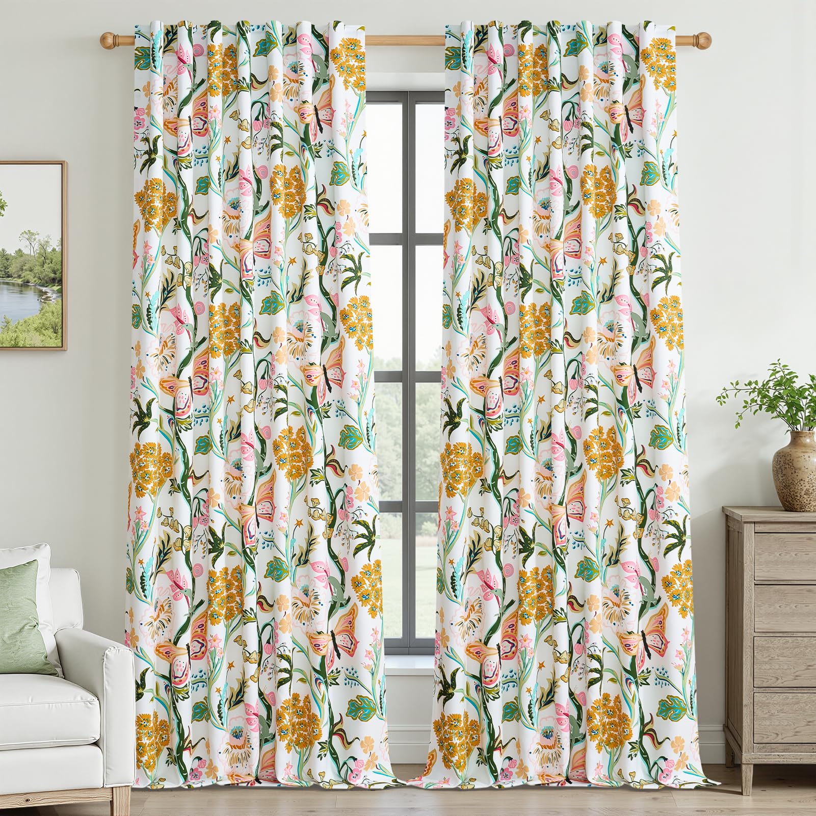 Topfinel Mustard Yellow Curtains 84 Inches Long 2 Panels for Bedroom Living Room Daffodil Butterfly Country Tropical Floral Drapes Vintage Farmhouse Light Filtering Privacy Window Curtain Blackout