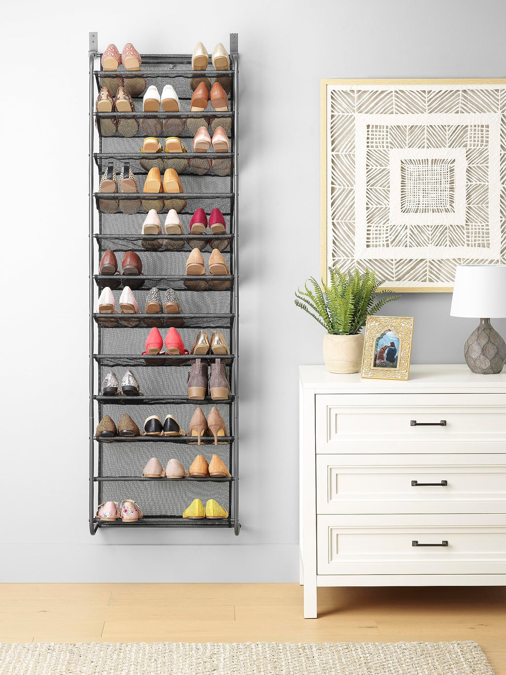 Whitmor 36 Pair Over the Door Shoe Organizer, 12 Tier Hanging Shoe Organizer, Heavy Duty Metal & Mesh Shoe Holder, Hanging Shoe Rack for Closet Organizer & Storage, 74"L x 21.7"W x 7.5"H, White