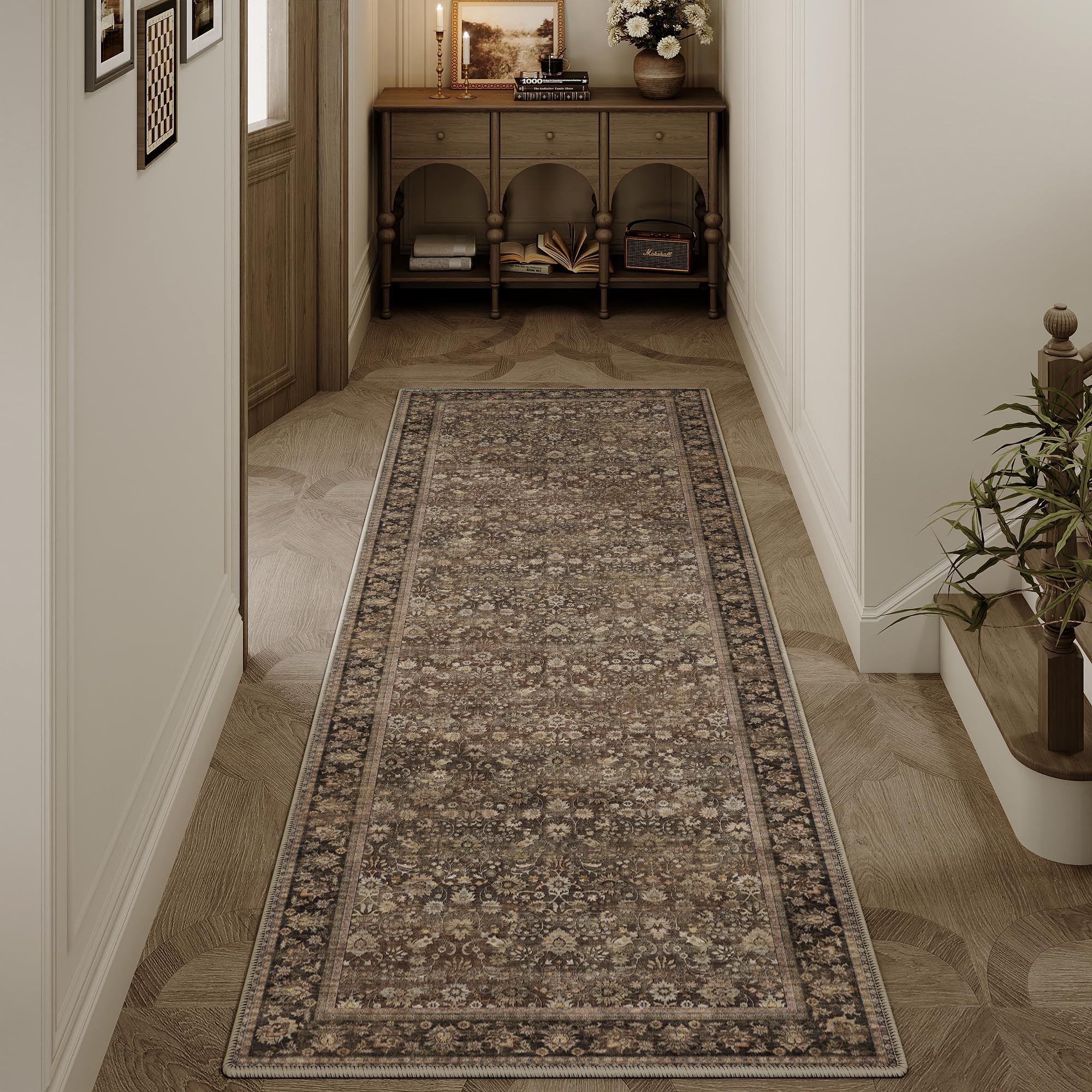 HUGEAR 5x7 Machine Washable Rugs Brown Hallway Area Rug Indoor Accent Rug Floral Low Pile Carpet Soft Throw Aesthetic Rug Bedroom Living Room Office Dining Room Kitchen Laundry Room Non Slip