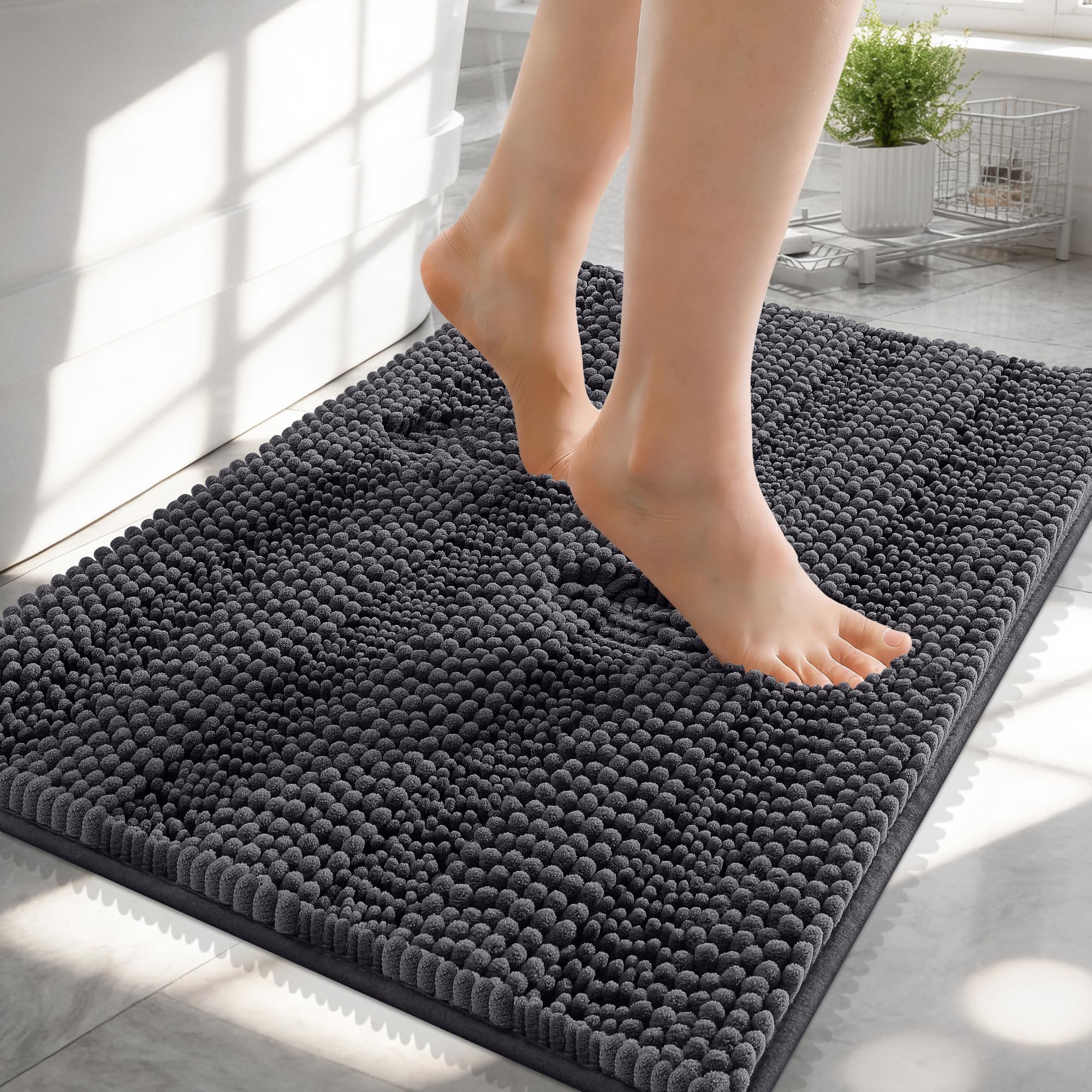 OLANLY Thick Bathroom Rugs 30x20, Extra Soft Absorbent Chenille Striped Bath Rugs, Rubber Backing, Machine Wash Dry, Bath Mats for Bathroom Floor, Tub and Shower, Home Decor Accessories, Grey