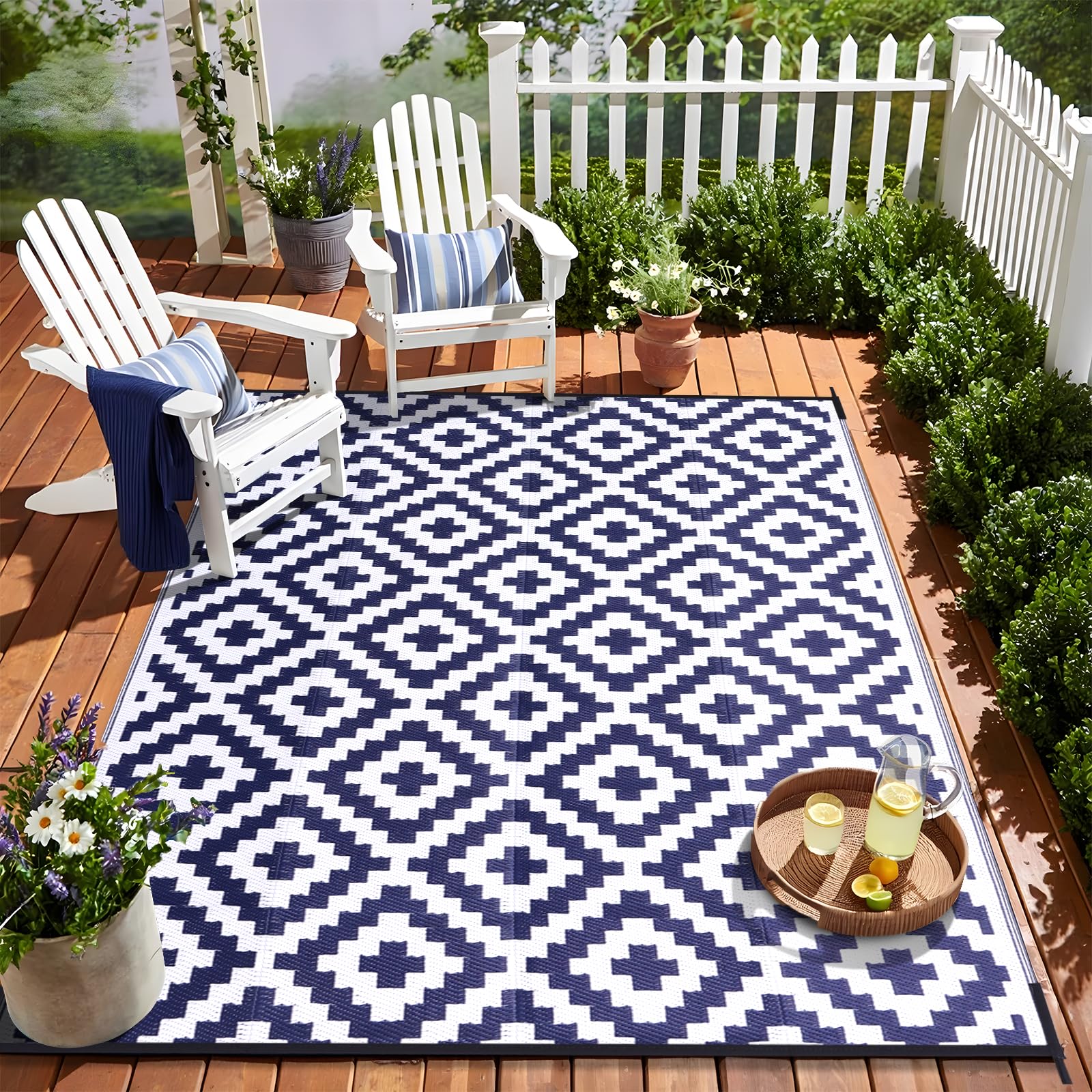 OLANLY Waterproof Outdoor Rug 5x8 ft, Outdoor Plastic Straw Rug for Camping, RV Mat Outside, Indoor Outdoor Carpet for Porch, Deck, Backyard, Balcony, Picnic, Black & White