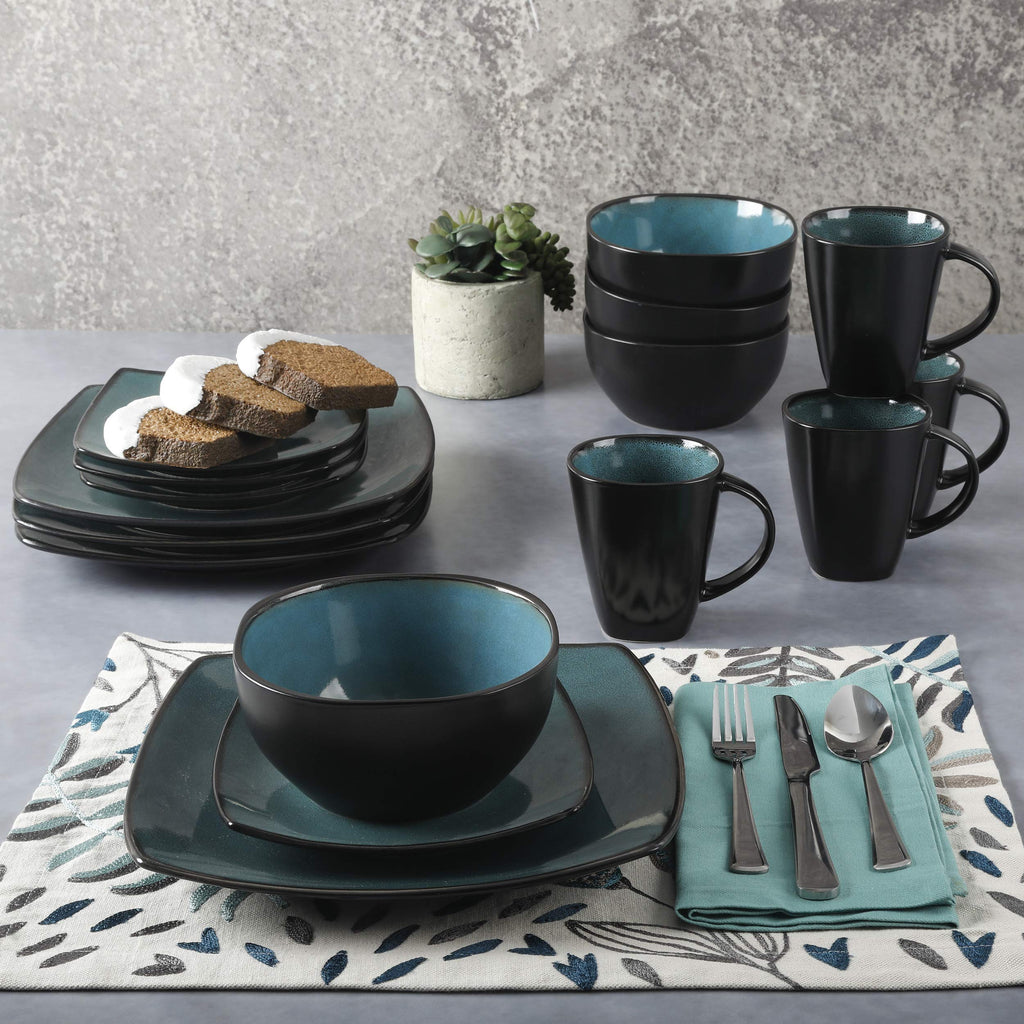 Gibson Elite Soho Lounge Square 16-Piece Dinnerware Set, Service for 4, Reactive Glaze Stoneware Plates and Bowls, Modern Dishes, Microwave & Dishwasher Safe – Red and Black