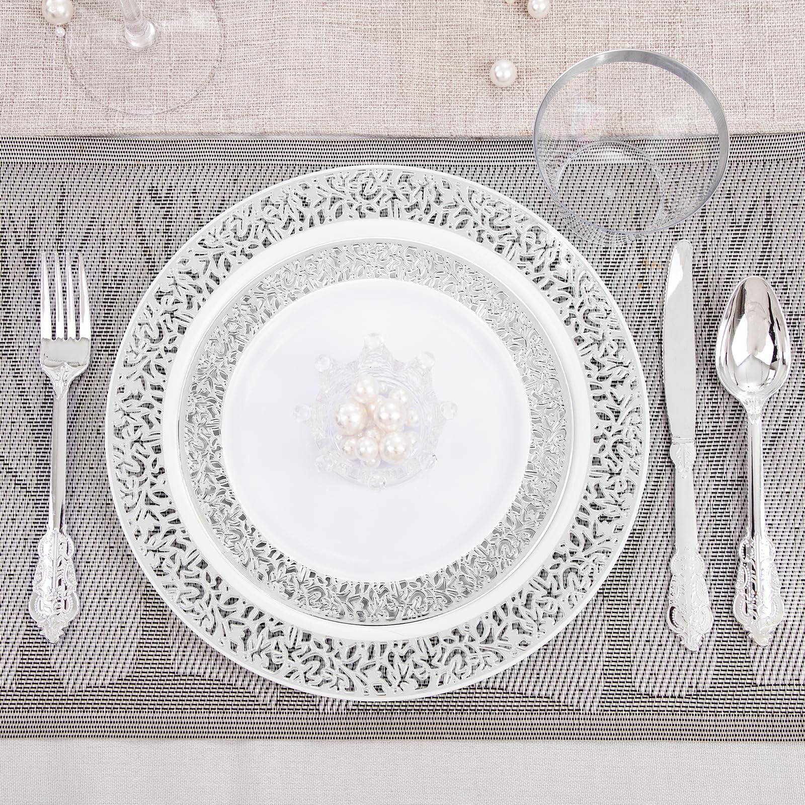 DaYammi 350PCS Gold Plastic Dinnerware Set for 50 Guests, Fancy Disposable Plates for Party, Include: 50 Dinner Plates, 50 Dessert Plates, 50 Pre Rolled Napkins with Gold Silverware, 50 Cups