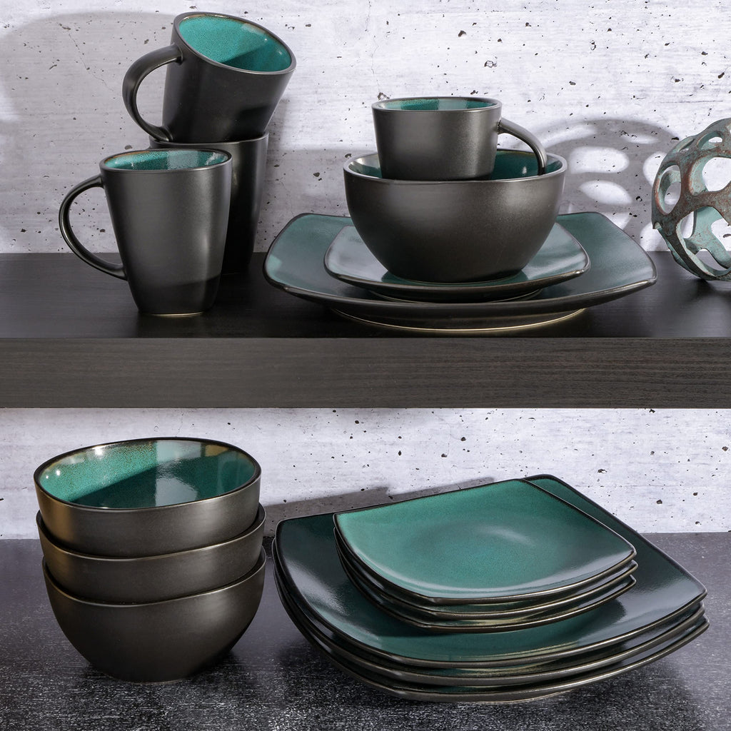 Gibson Elite Soho Lounge Square 16-Piece Dinnerware Set, Service for 4, Reactive Glaze Stoneware Plates and Bowls, Modern Dishes, Microwave & Dishwasher Safe – Red and Black