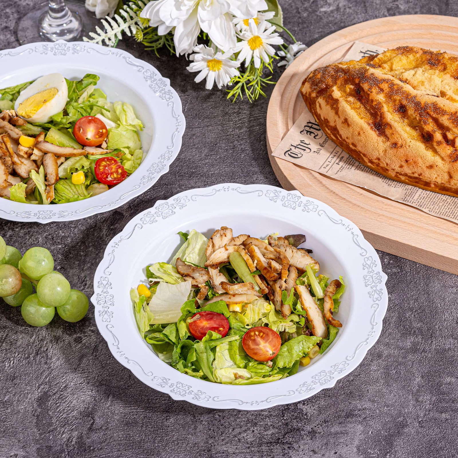 DaYammi 50 Pack White Plastic Bowls, 12oz Disposable Soup Bowls, White bowls Disposable Heavy Duty Dinner Bowls for Weddings, Salad Bowl for Parties, Dinners, Catering and Everyday Use
