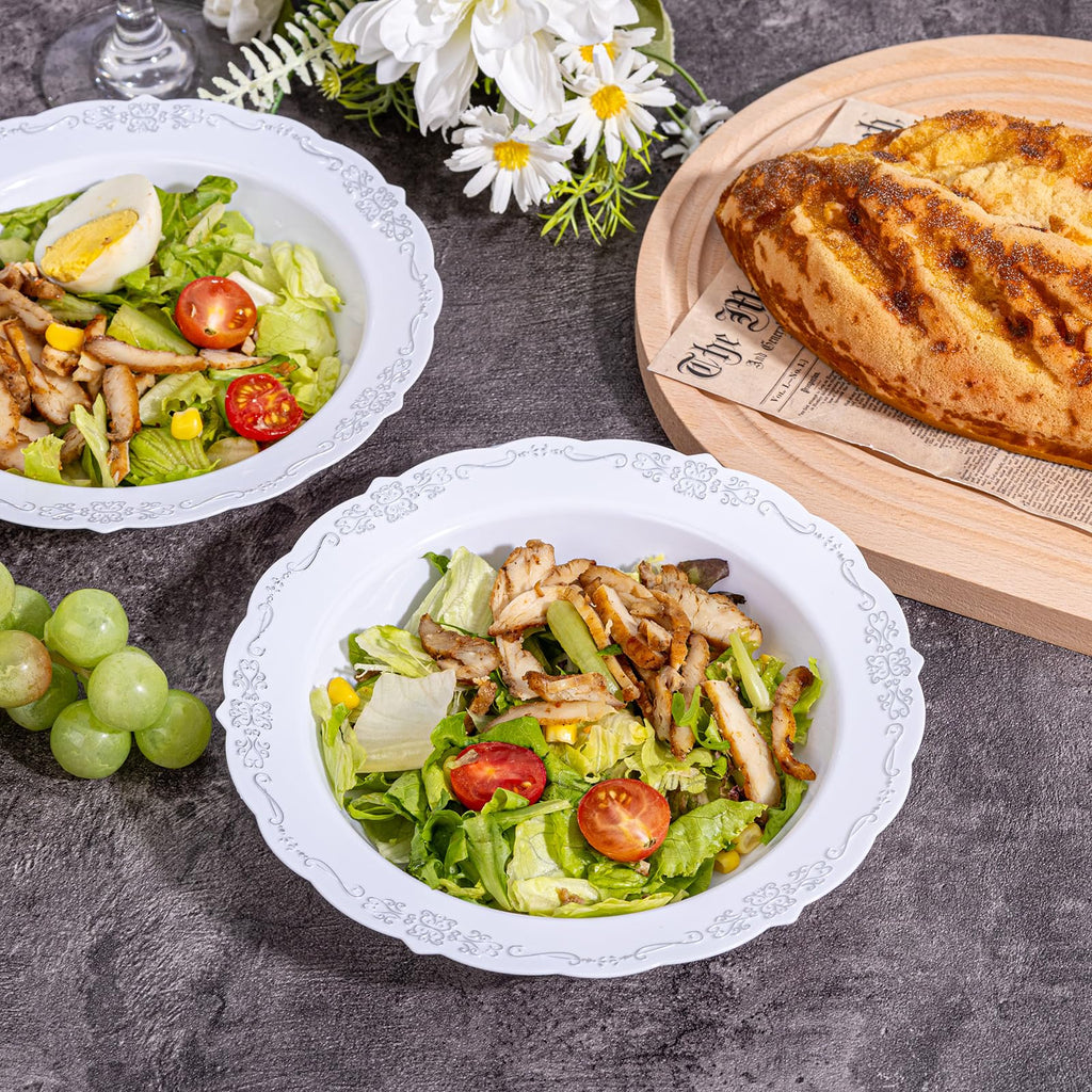 DaYammi 50 Pack White Plastic Bowls, 12oz Disposable Soup Bowls, White bowls Disposable Heavy Duty Dinner Bowls for Weddings, Salad Bowl for Parties, Dinners, Catering and Everyday Use