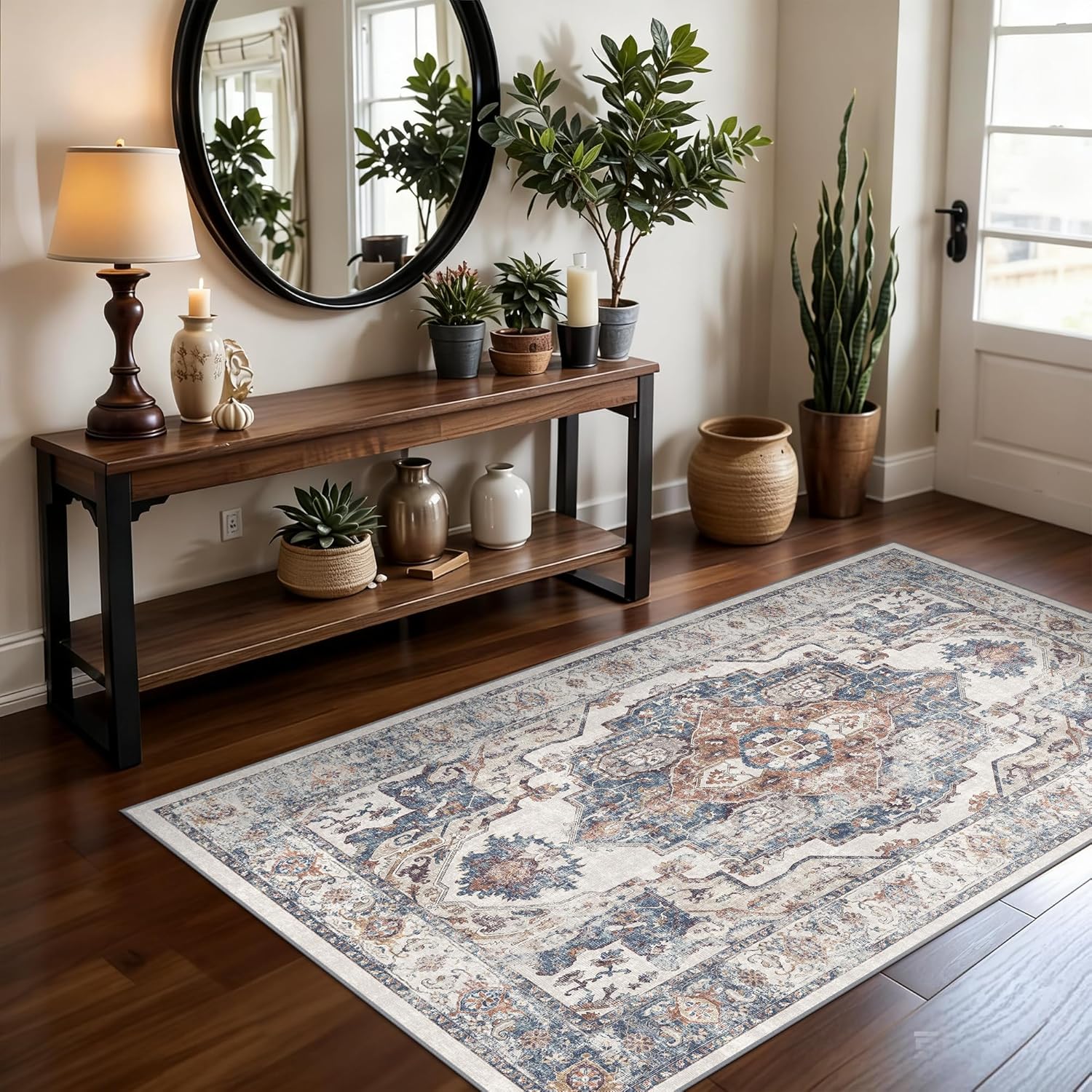 Washable 2x3 Entryway Area Rug - Neutral Kitchen Rug Runner Vintage Soft Floor Mat Non Slip Indoor Farmhouse Carpet for Bathroom Living Room Bedroom (2 X 3, Beige)