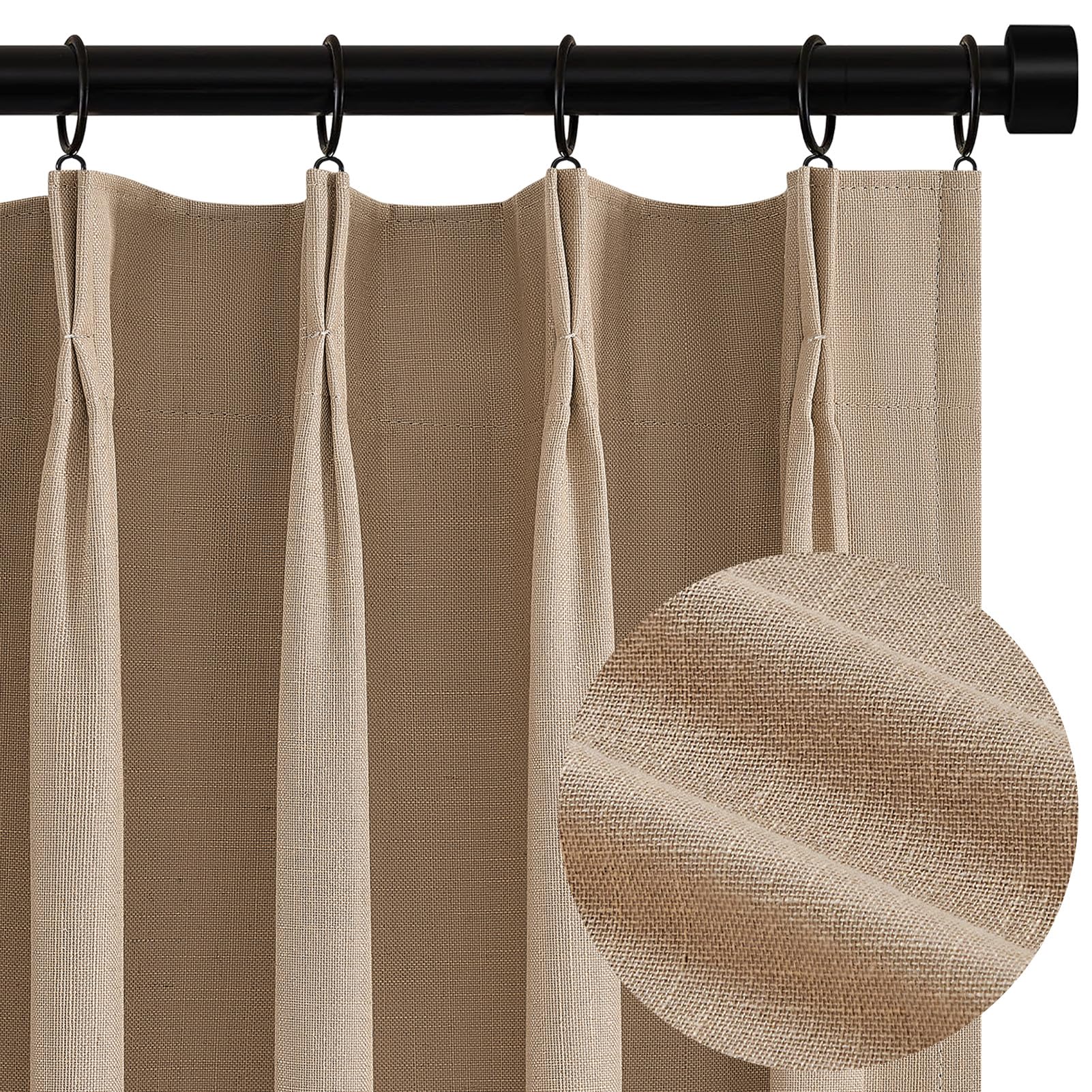 Topfinel Pinch Pleated Curtains 96 Inch Long, 100% Blackout Thermal Insulated Natural Linen Pinch Pleat Viral Drapes with Hooks Rings 2 Panel Sets, Neutral Beige Ivory 8FT Back Tab Window Curtains