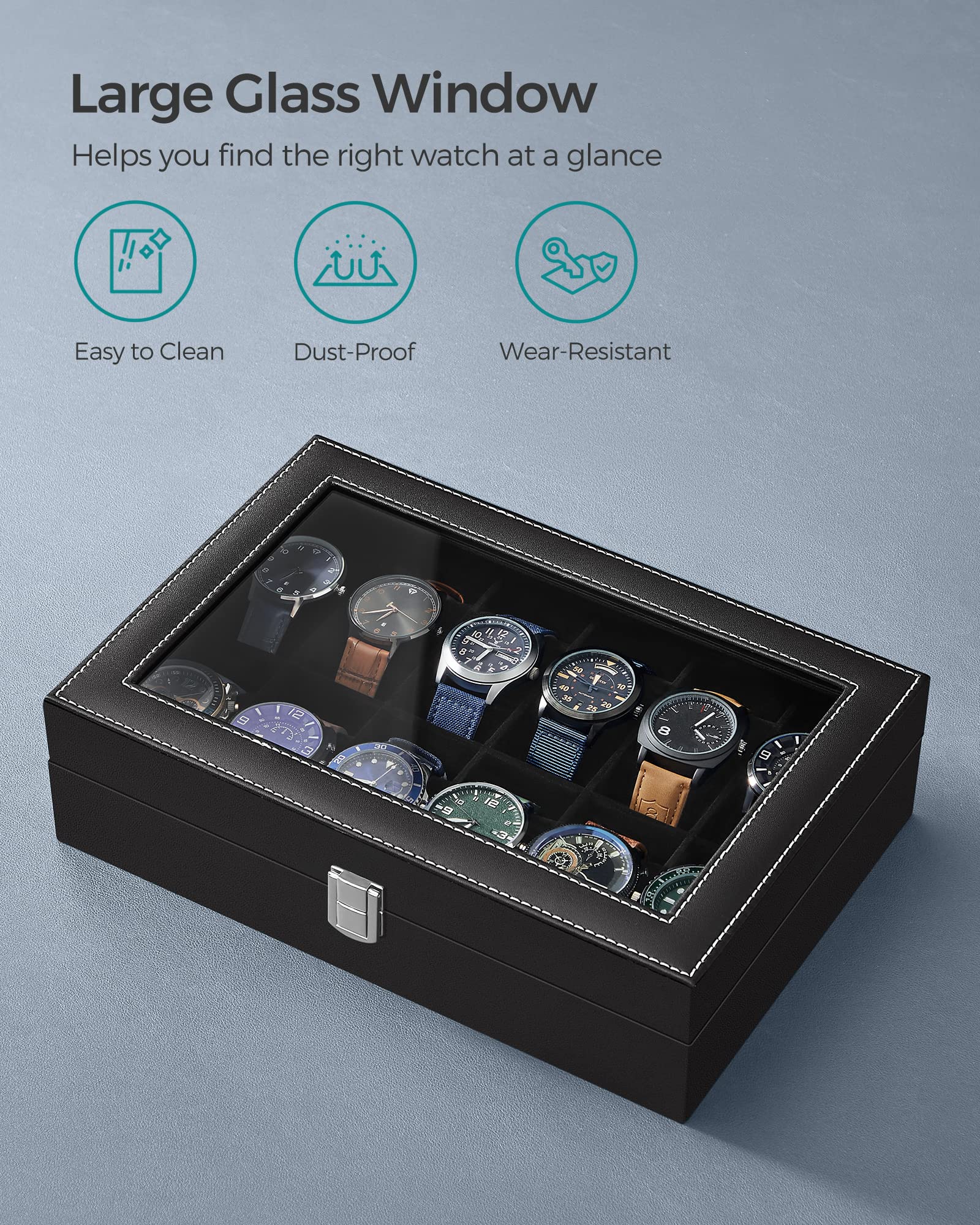 SONGMICS Watch Box, 12-Slot Watch Case Organizer with Large Glass Lid, Removable Pillows, Gift for Loved Ones, Black Synthetic Leather, Gray Lining UJWB12BK