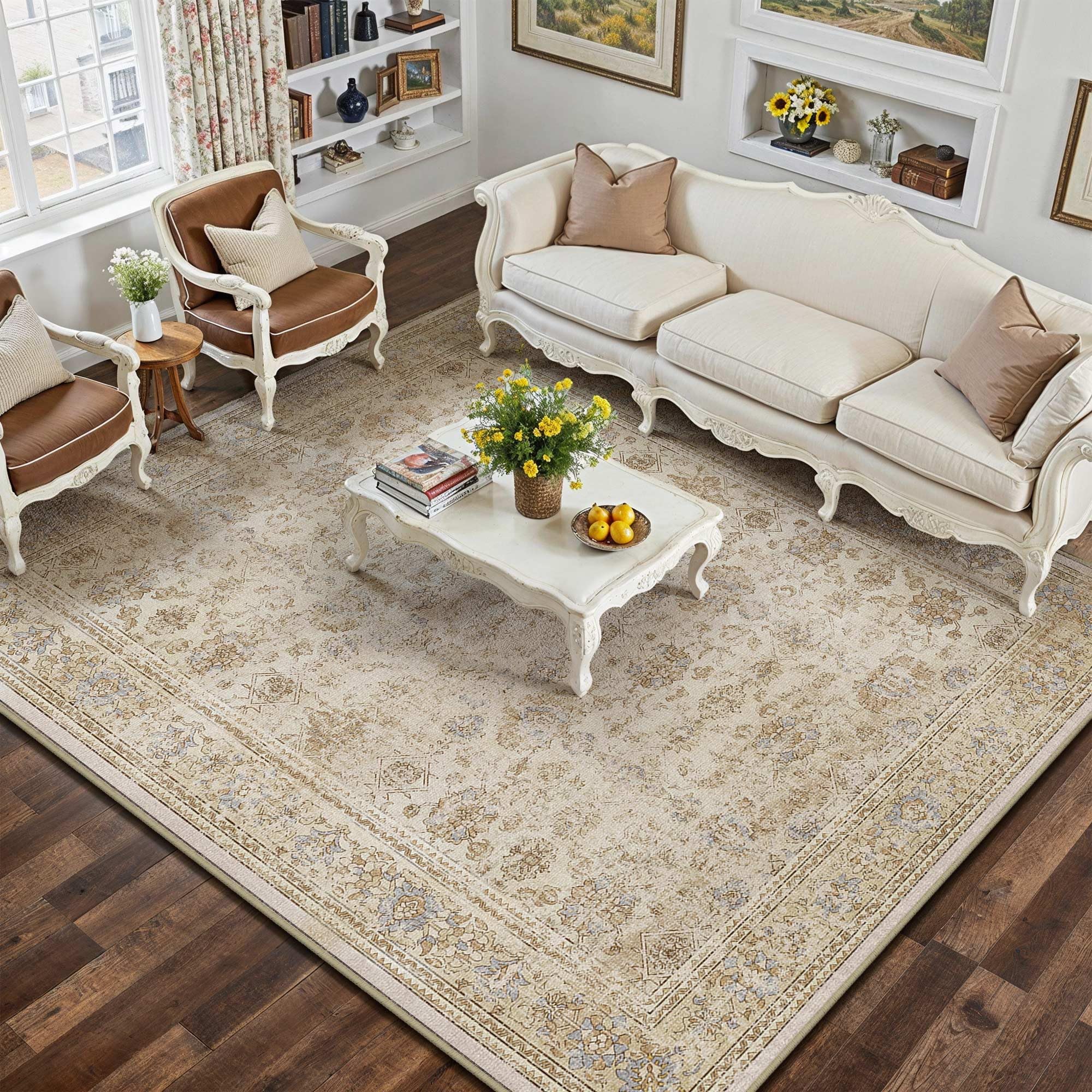 HUGEAR 5x7 Machine Washable Rugs Brown Hallway Area Rug Indoor Accent Rug Floral Low Pile Carpet Soft Throw Aesthetic Rug Bedroom Living Room Office Dining Room Kitchen Laundry Room Non Slip