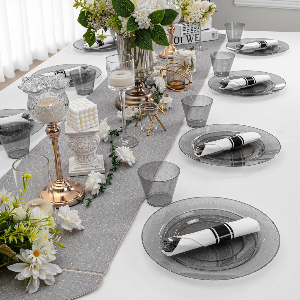 DaYammi 350PCS Gold Plastic Dinnerware Set for 50 Guests, Fancy Disposable Plates for Party, Include: 50 Dinner Plates, 50 Dessert Plates, 50 Pre Rolled Napkins with Gold Silverware, 50 Cups