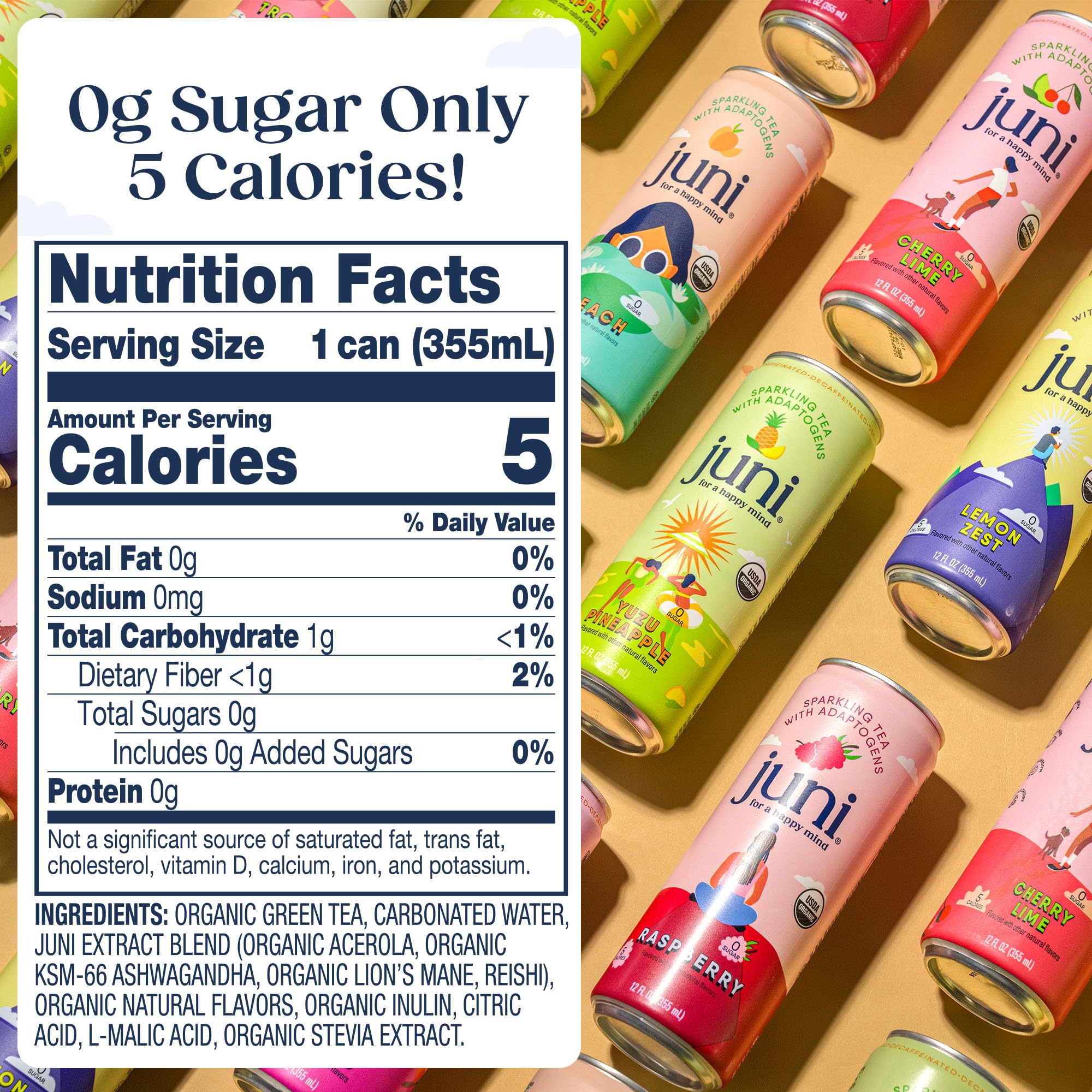 Juni Sparkling Adaptogen Drink with Ashwagandha, Lion’s Mane & Reishi Mushrooms | Green Tea for Focus, Zero Sugar, 5 Calories, Organic | Non Alcoholic Drinks - Variety Pack 12 pack