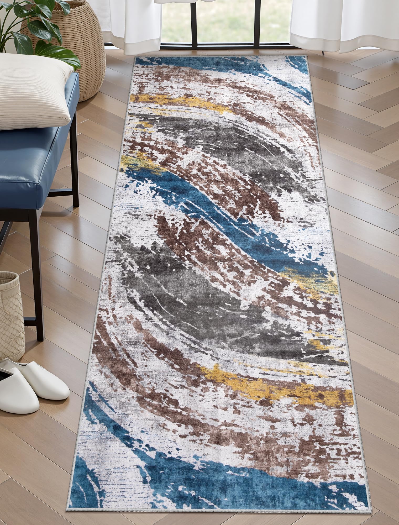 Ciicool Modern Abstract Area Rug 2x3 Washable Small Entryway Rug, Non-Slip Low Pile Throw Rug, Foldable Kitchen Bathroom Rugs, Blue Grey Floor Carpet for Entrance Living Room Bedroom Indoor Doormat