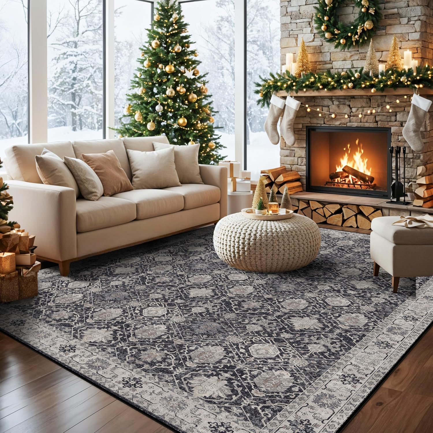 Washable 2x3 Entryway Area Rug - Neutral Kitchen Rug Runner Vintage Soft Floor Mat Non Slip Indoor Farmhouse Carpet for Bathroom Living Room Bedroom (2 X 3, Beige)