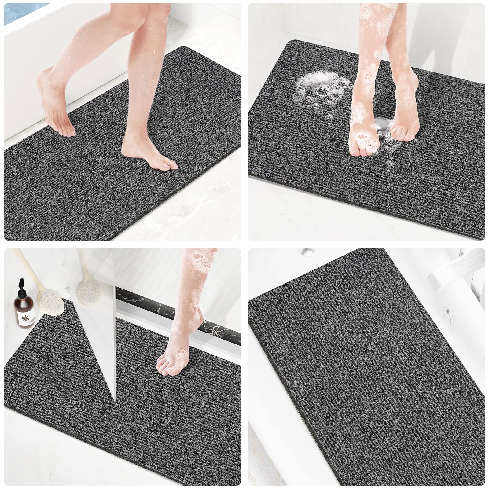 PVC Loofah Shower/Bathtub Mat Non-Slip, 24x16 inch, Soft Tub Mat with Drain, for Tub and Bathroom,Quick Drying,Grey