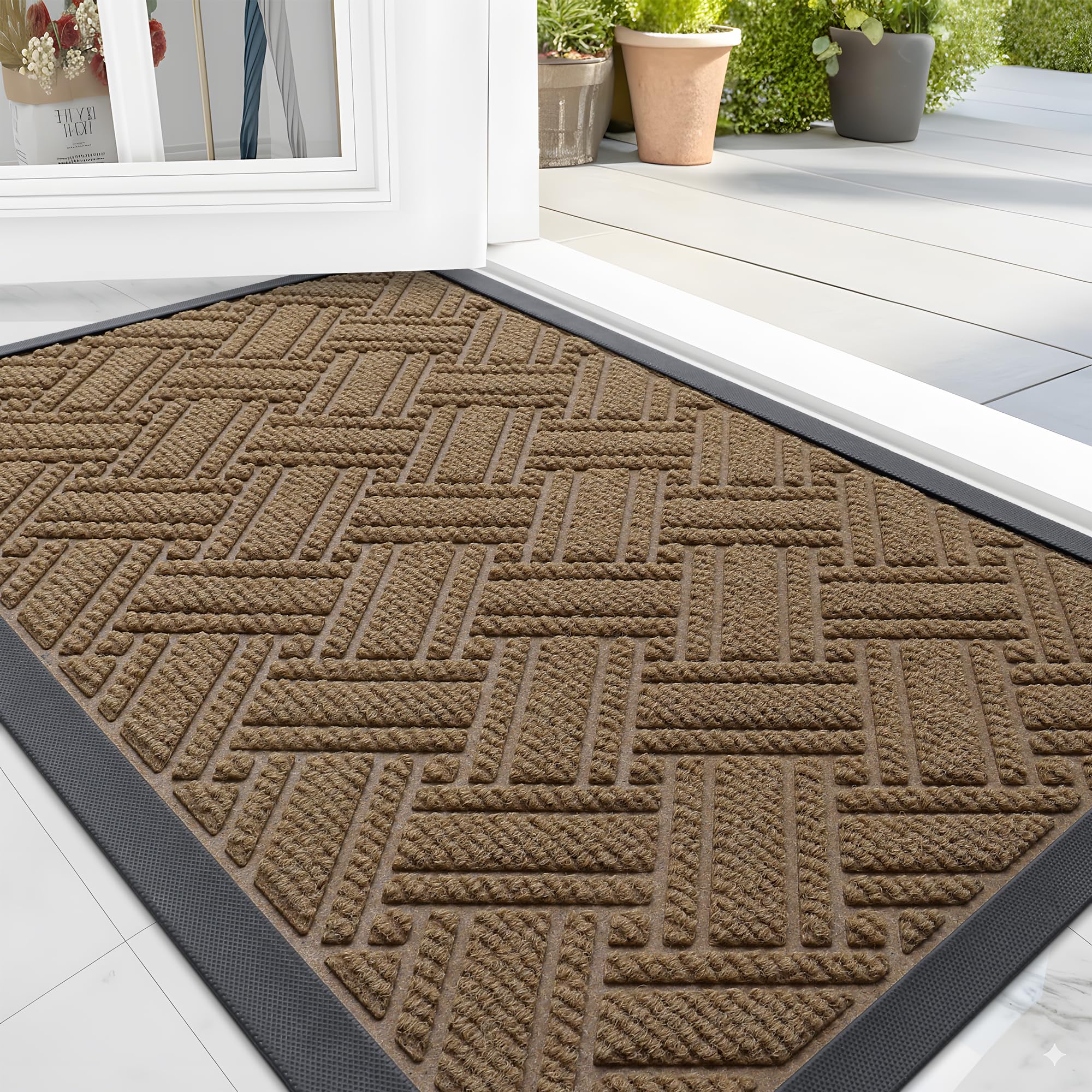 OLANLY Indoor Outdoor Mat, Sturdy Natural Rubber Floor Mat, Non Slip Low Profile Waterproof Doormat, and Stain Front Door Mats, Easy Clean Patio Entrance Mat, 30''x17'', Black